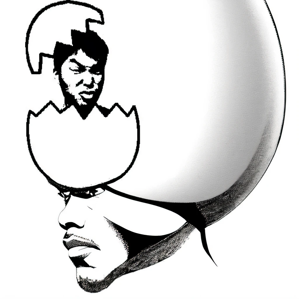 a black and white drawing of a man in an egg shell, head is an egg, inspired by Miyamoto, he has a big egg, aaron brooks, ice cube, samuel jackson, [ shards, alternate album cover, promo art, samuel l jackson, hatching, dave chappelle, an egg, baki, afro samurai style, jimi hendrix