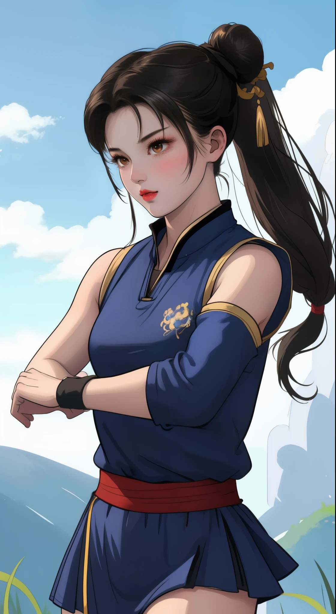 Paichang, Twin blades with blue ribbon, brown eyes,super mini skirt、beautiful thighs、 double bun,black hair, alone , Tai Chi stance, close,
Paiati,blue chinese dress, Red band, pants, No sleeve,
blue sky, cloudy, evening, grassland,
(Extremely detailed, beautiful detailed face, masterpiece, highest quality) Close up of cartoon character with ponytail in field, portrait of Chunli, portrait of Chunli, Chunli, Chunli, Chunli, Inspired by Li Miki, Chunli at the gym, tifa lockhart portrait, highly detailed art germ, Kunoichi, Inspired by Zhu Lian, Inspired by Wu Li