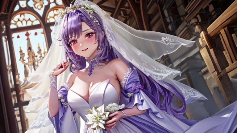 (highest quality,4K,8K,High resolution,masterpiece),1 person,super detailed,, straight, smiling,face focus, (,character_concentrated),beautiful girl,enchantment,fascinating,cheerfulness,Sacred,magic effect,purple hair,hair ornaments,(((wedding gown))),Princess Line Wedding Dresses,Sophisticated clothing,detailed lace,Bedroom,Lonely,in the middle of the night,lace pantyhose,Sacred縞模様,(bride, Princess Line Wedding Dresses, bouquet,:1.3)church,Keqing,Genshin,keqing Genshin