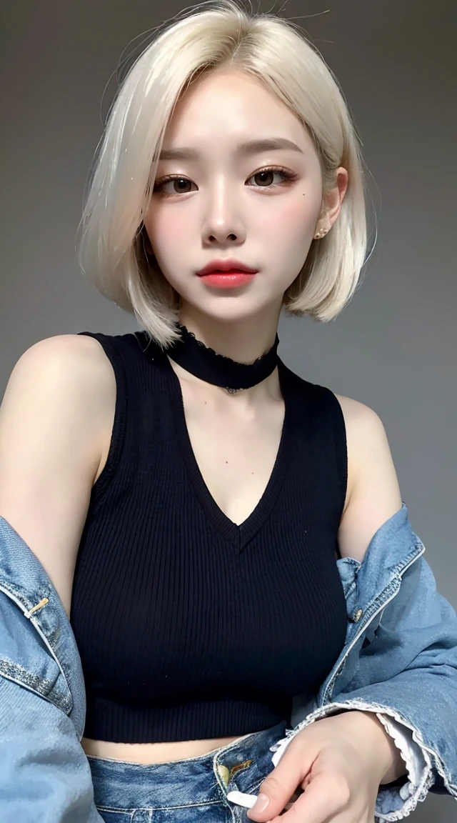 Upper body, newspaper background, beautiful Asian girl photos, cool feelingadvanced photos, western beauty, shoulder length white hair with a pinch of bluered suspender sleeveless vest, Jean jacket, white lace line around the neck, artistSargent's color, realistic facial features, beautiful lights, extremely beautiful facialdetails and delicate eyes, clear and three-dimensional facial features, 32K
