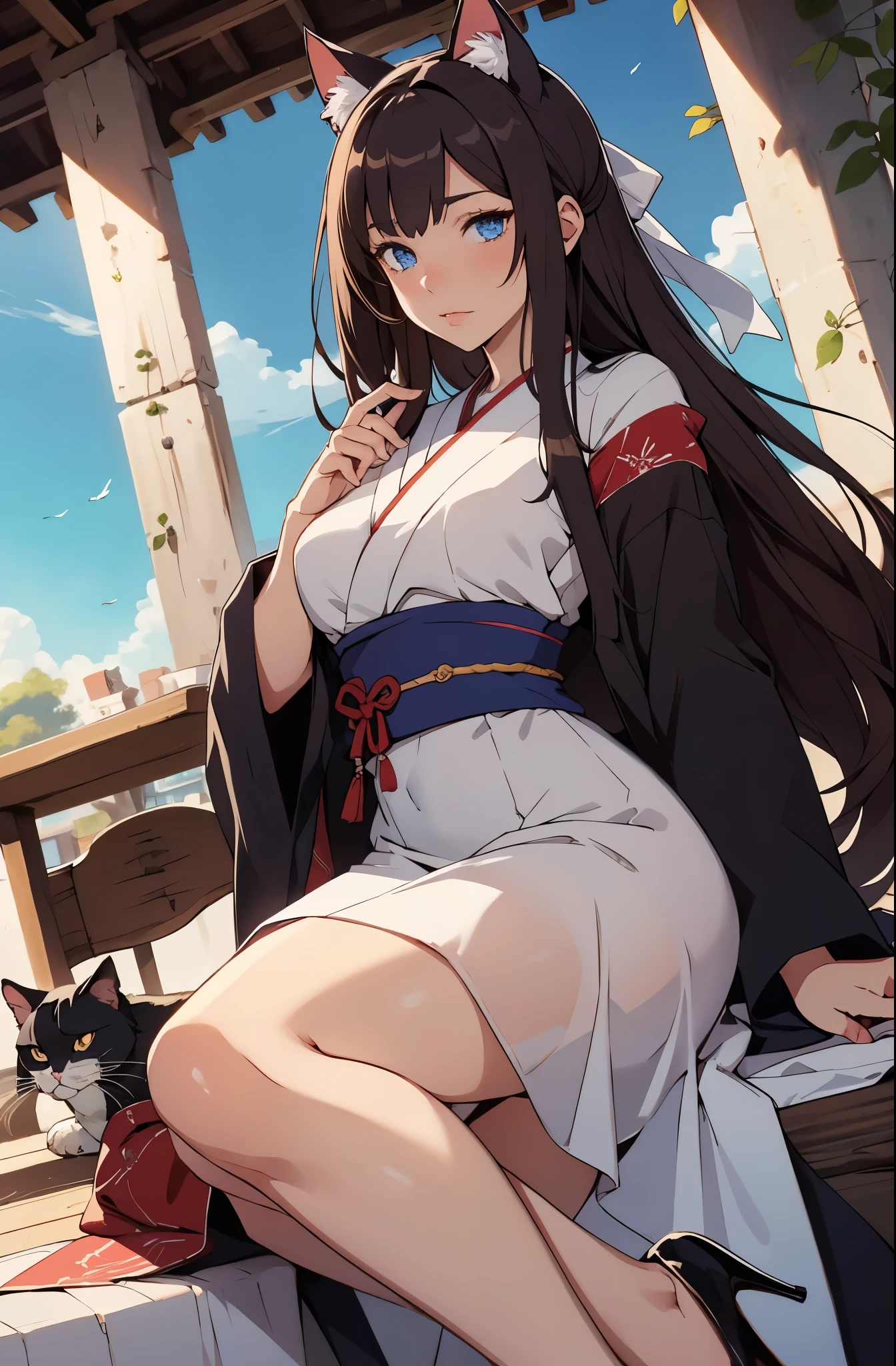 Girl with cat ears (cat ears), long brown hair, blue eyes, height 172cm, fair skin, white dress, Japanese clothing, high heels