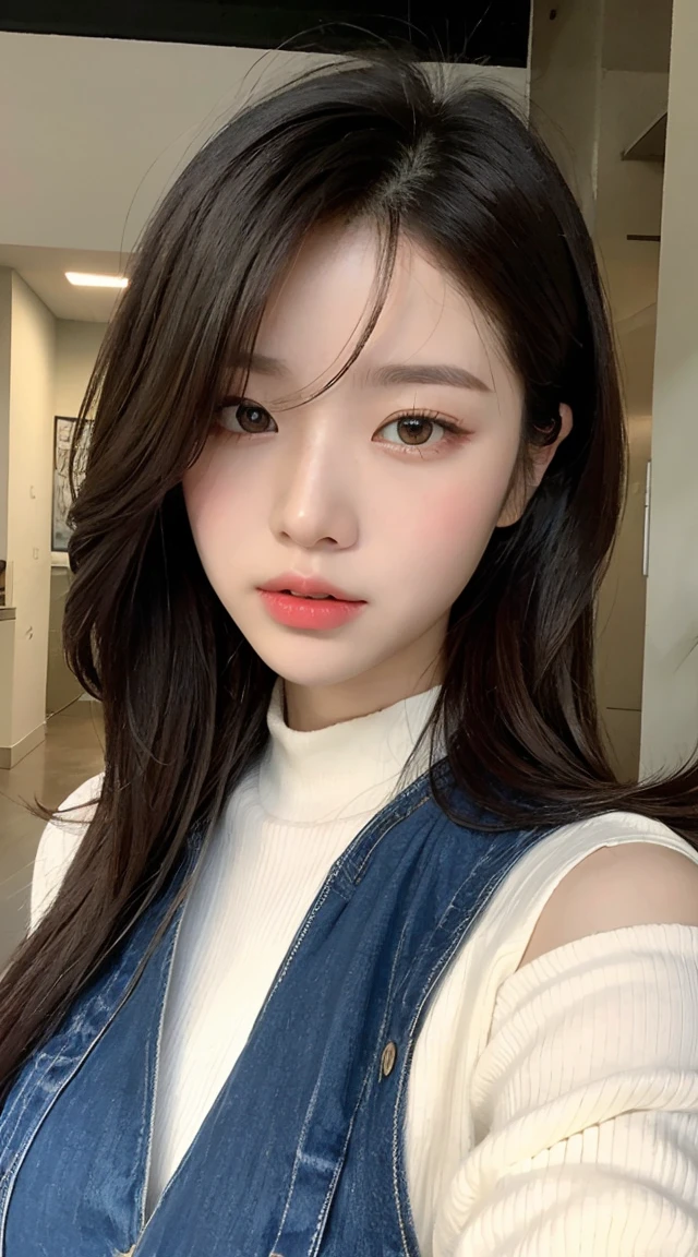 Upper body, newspaper background, beautiful Asian girl photos, cool feelingadvanced photos, western beauty, shoulder length white hair with a pinch of bluered suspender sleeveless vest, Jean jacket, white lace line around the neck, artistSargent's color, realistic  features, beautiful lights, extremely beautiful facialdetails and delicate eyes, clear and three-dimensional  features, 32K