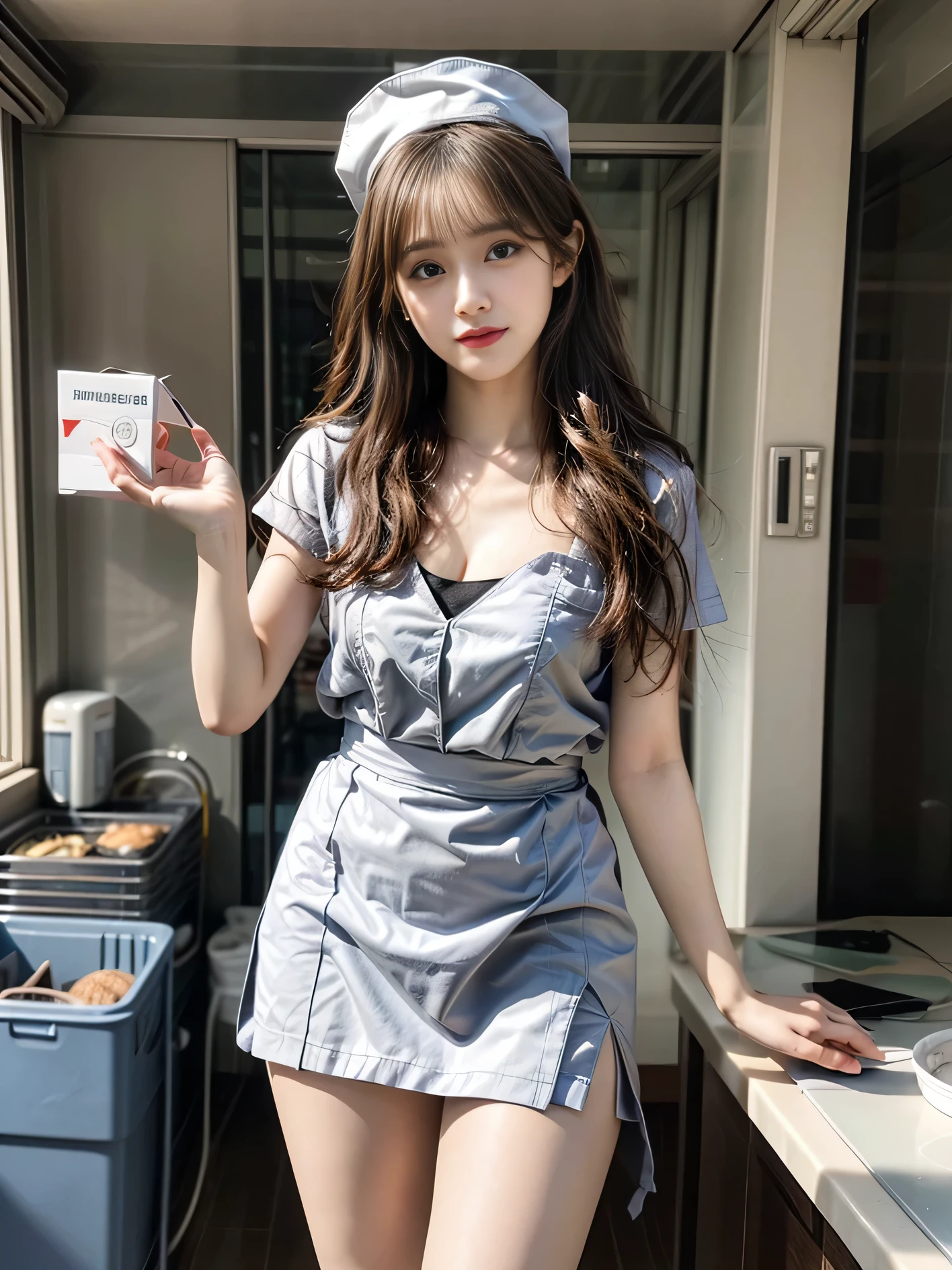 1 girl,20 years old, 170cm tall、Physical coordination、Proportions are well-proportioned、standing beside window,Bright backlight, alone, {Beautiful eyes details 1.3)(round eyes:1.8) , Highly detailed facial and skin textures, Natural and soft light, dark brown hair,natural drape, Exquisite facial features, blunt bangs, beautiful korean girl, Eyes are bright, happy smile 、(She is wearing a pure white nurse uniform:1.3)、(She is wearing an exquisite miniskirt:1.3)、Wearing red high heels,hands in pockets、E杯、Realistic cleavage,film grain,full-body shot,long legs,masterpiece, best quality, light, Super detailed,, ultra high resolution, 8k wallpaper, Perfect dynamic composition, Exquisite facial features,It's a perfect face,Facing the peak of sexual arousal, looking at the audience,hair natural,clavicle,Ultimate light and shadow,(Skin texture is extremely delicate1.3), (Perfect details: 1.1),Looks a lot like actor Yang Mi,