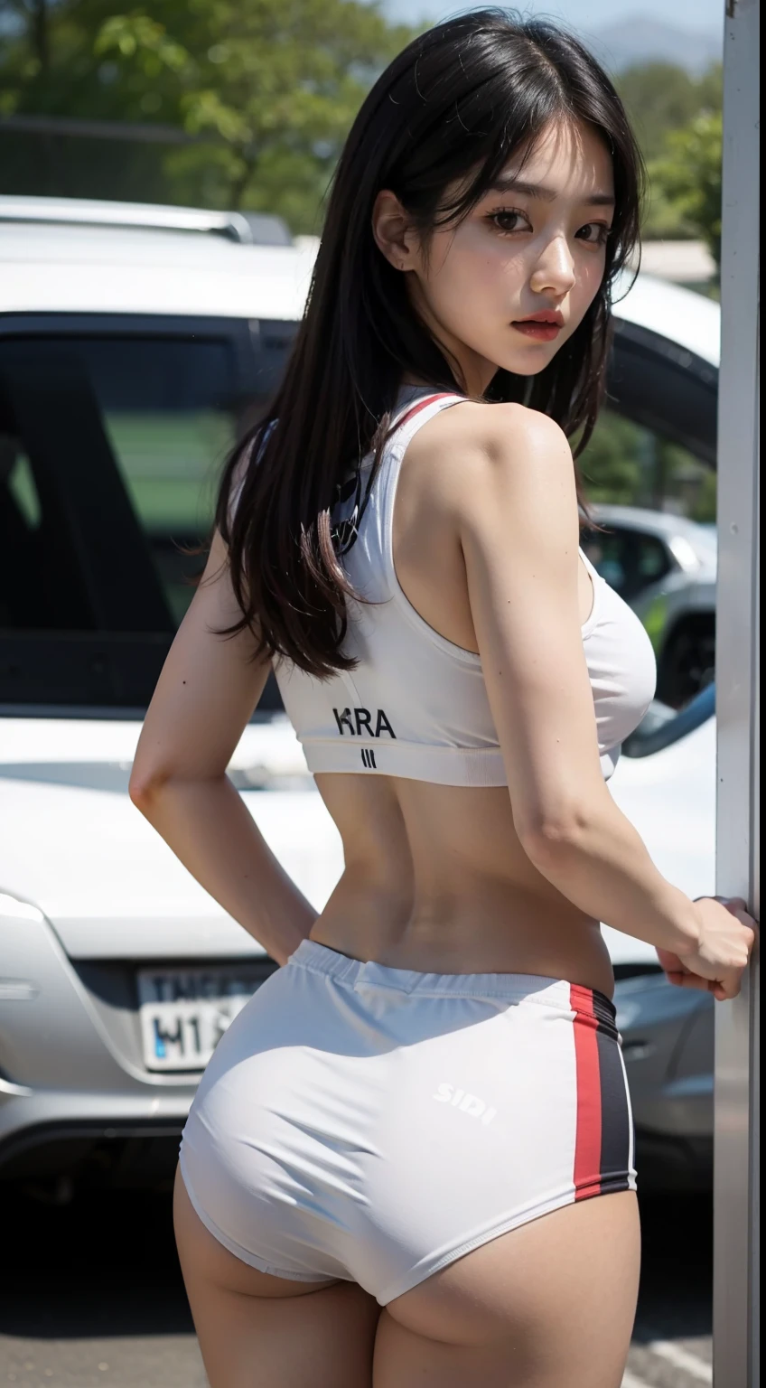 White sportswear, athletics, buttocks, medium breasts, buttocks, turning around, Korean idol,