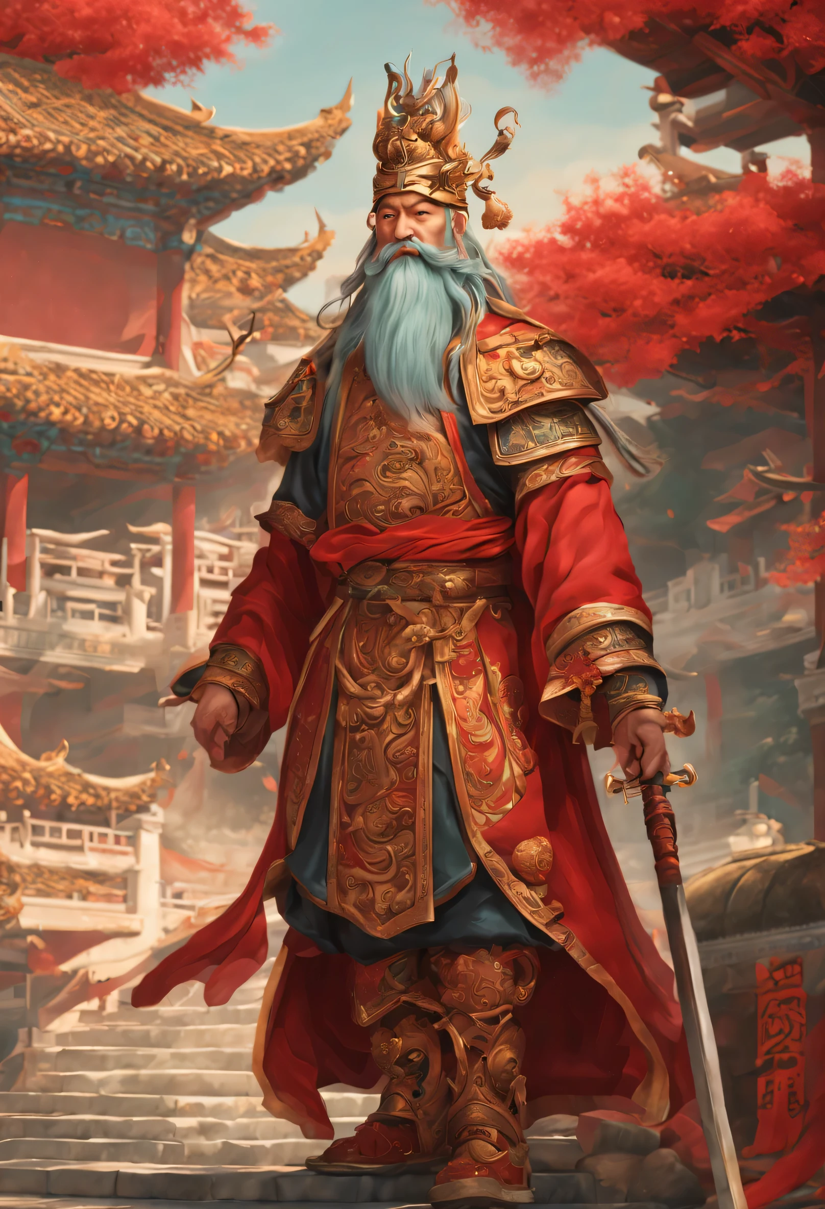 /img,surrealism scence,Chinese fairy tale characters of the 3 Kingdoms ,full body of Guan Yu,, red face, beautiful beard, halberd on his body.Standing in front of an ancient Chinese palace,,--tile+,4K