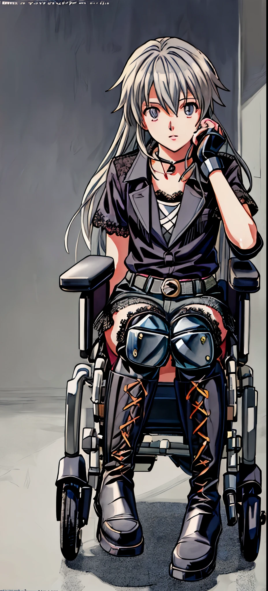 (highest quality,4K,8K,High resolution,table top:1.2), Super detailed, (realistic,photorealistic,photo-realistic:1.37), ((full body)),sickly beautiful girl, panic, I was surprised,((gray hair color)),((medium long hair)), ((Being in a wheelchair)),((row a wheelchair)),((hair above the eyes)),((t-shirt)),((shorts)),((wear black open finger gloves)),((black lace-up long boots)),((knee pads)),((braces in legs)),espadrilles,beautiful and detailed eyes, beautiful detailed lips, highly detailed eyes and face, long eyelashes, realistic anime 3D style, Smooth anime CG art, Digital rendering by Makoto Shinkai, Moe anime art style, photorealistic rendering of an anime girl, Shinkai Makoto style, Cute anime girl visuals, realistic young anime girl, girl fan art, Created by Anime Artist'studio of.