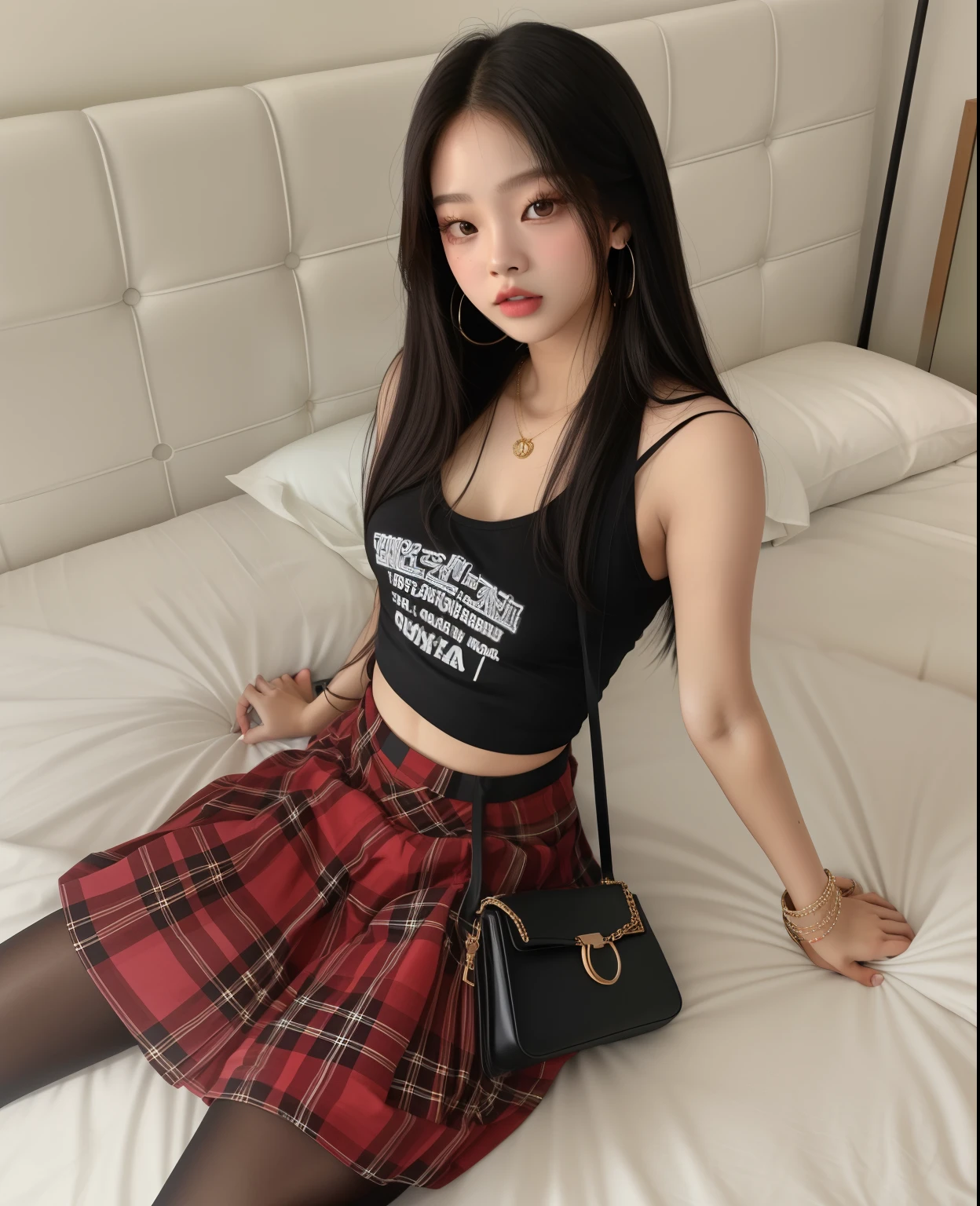 Jennie do blackpink de saia e blusa preta sentada em uma cama, she is wearing a black tank top, Minissaia xadrez detalhada, saia xadrez, vestindo uma regata preta cortada, look sexy, com camiseta rasgada,, she is wearing streetwear, 18 anos de idade, Jennie Kim, modelo do instagram