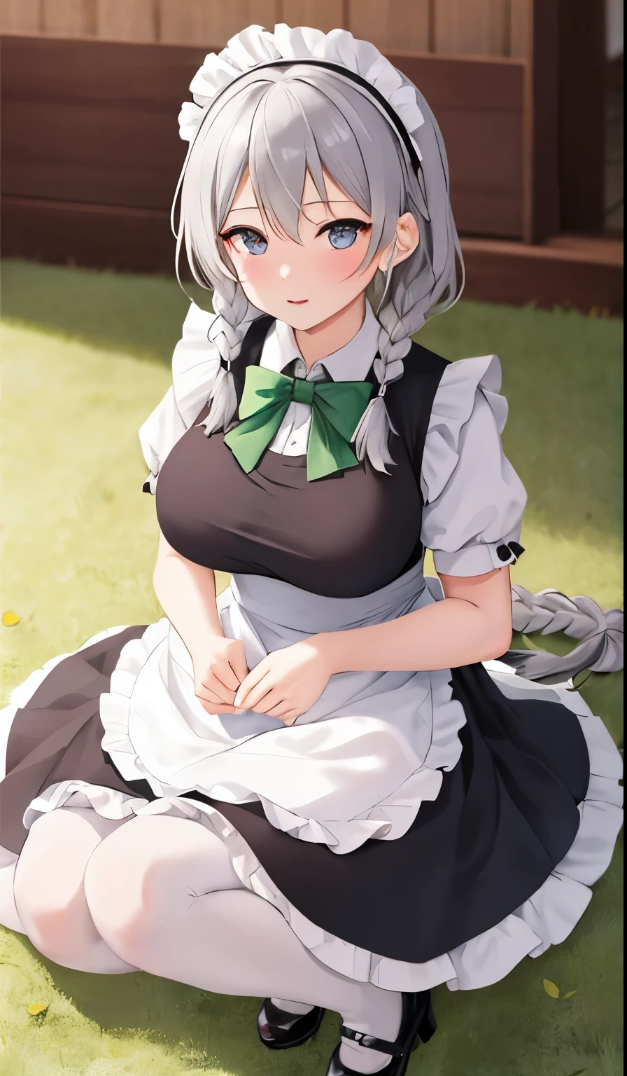 Blurry, Blurry_Background, Blurry_foreground, Depth_af_Field, Izzaioy_sakuya, maid_headdress, Exercise_bblurry, 1girll, maid, Twin_Braids, Braid, MILF, Big_Breast, aprons, Silver_Hair, Photo_\(mediating\), Pantyhose, Solo, waistup_aprons, puffyleeves, High_Heels, bow, Green_bow, puffyhort_Sleeves, black_Footwear, Blue_Eyes, short_Sleeves, Hair_bow