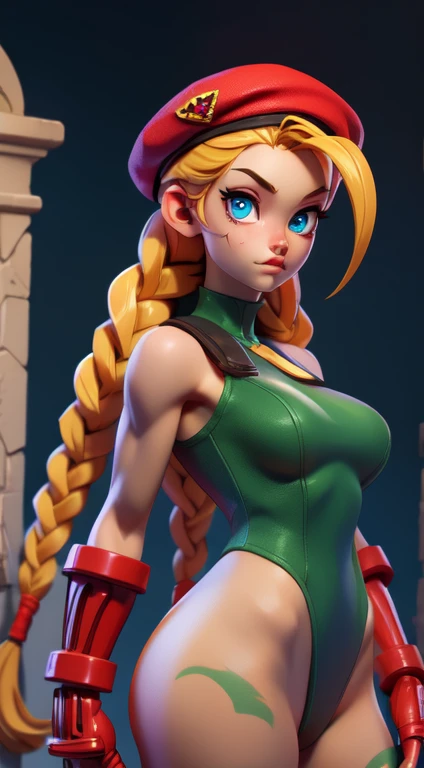 masterpiece, best quality, highres, 1girl, cammy white, twin braids, long hair, blonde hair, antenna hair, beret, (red headwear:1.3), blue eyes, scar on cheek, green leotard, large boob 36 DD, sleeveless, red gloves, fingerless gloves, camouflage, cowboy shot, standing, outdoors, arms at sides, straight-on,