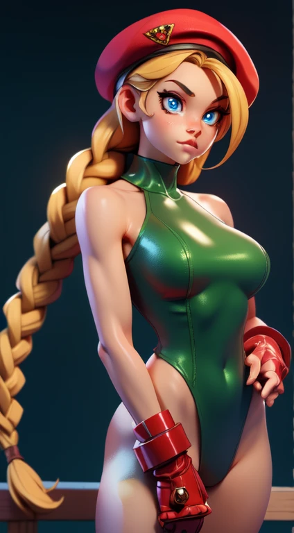 masterpiece, best quality, highres, 1girl, cammy white, twin braids, long hair, blonde hair, antenna hair, beret, (red headwear:1.3), blue eyes, scar on cheek, green leotard, large boob 36 DD, sleeveless, red gloves, fingerless gloves, camouflage, cowboy shot, standing, outdoors, arms at sides, straight-on,