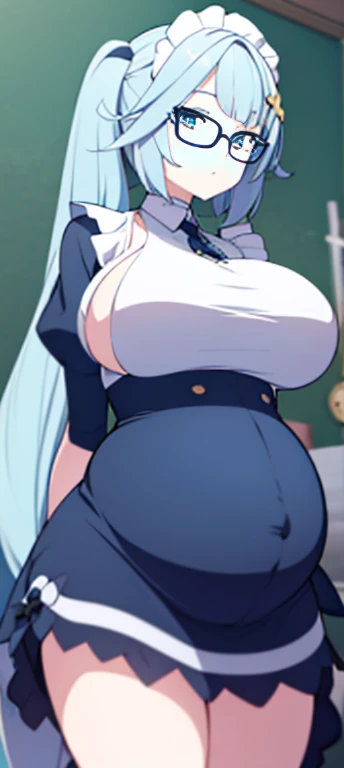 very long hair, thicc, very big breast, maid dress, pregnant, glasses