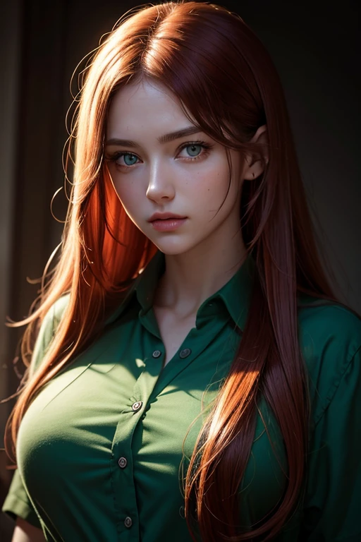 photorealistic, masterpiece, best quality, raw photo, 1girl, age22, natural large breasts, long hair, red hair, green eyes, collared shirt, looking at viewer, dynamic lighting, in the dark, deep shadow, low key, intricate detail, detailed skin, pore, highres, hdr