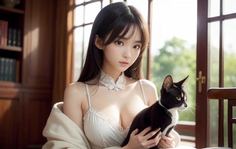 Beautiful girl sitting in the library,Just one person,Chinese girl,youthful clothing,Exquisite clothing,The costumes are detailed and complete,slim body,Natural expressions,Soft light and shadow,The proportions of the characters are reasonable,Holding a cat in your hand,Normal human eyes,Eyes are delicately drawn,Delicate facial details,Detailed sculpting of upper body,Attention to detail,The texture is delicate,vivid emotional description,meticulous detail。