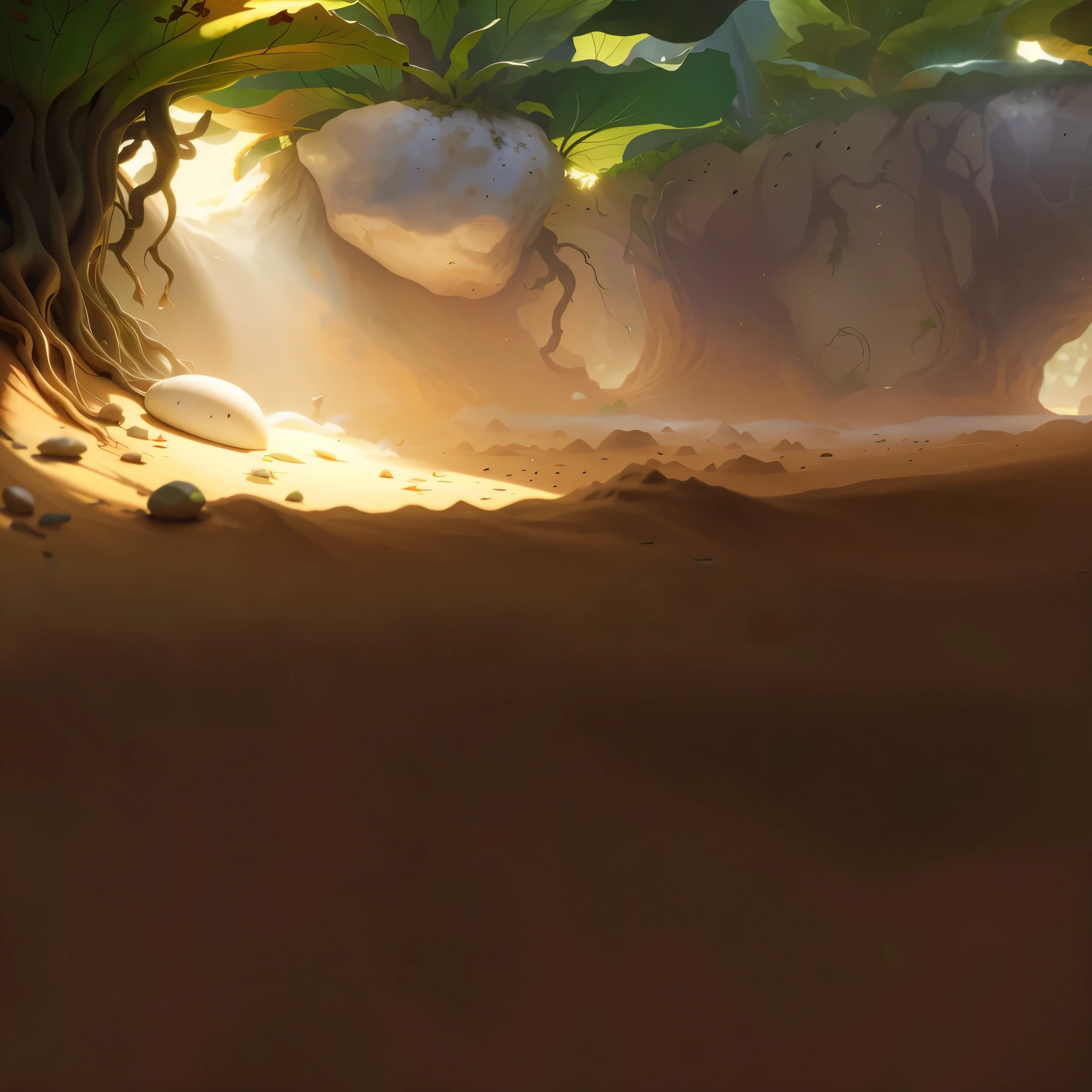 Realistic，Microcosm，big leafs，root system，earthy，earthy地面。