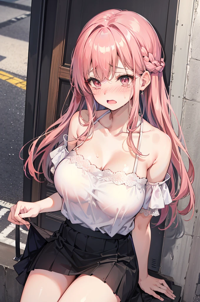 perfect human body,1 female,Mature and intellectual woman, (publicly exposed,street),long hair, French braid, clavicle,((big breasts)),((Lower chest)),dress,smooth thighs,((woman with fever)),(blush:1.2),((skirt lift)),Shy,Fear,cry,tears,