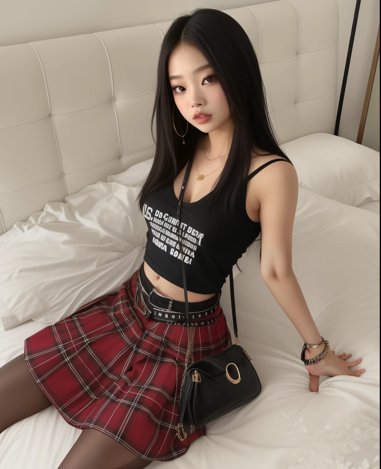 Jennie do blackpink de saia e blusa preta sentada em uma cama, she is wearing a black tank top, Minissaia xadrez detalhada, saia xadrez, vestindo uma regata preta cortada, look sexy, com camiseta rasgada,, she is wearing streetwear, Jennie Kim, modelo do instagram