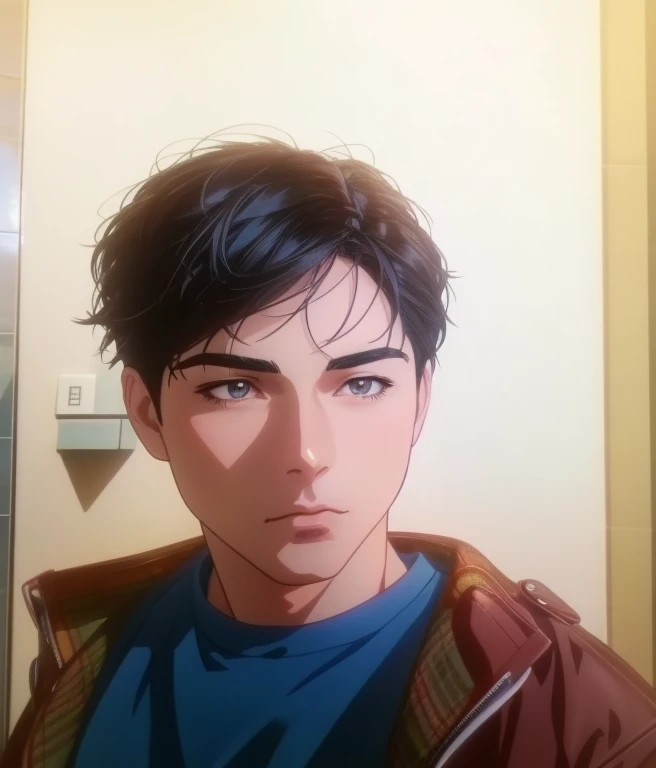 clean skin without beard,There is a man wearing a blue shirt and a blue jacket., Realistic anime 3d style, hyper realistic anime, realistic anime art style, semi-realistic anime, realistic 3d animation, semi-realistic anime, anime realism style, stunning anime face portraits, high detailed face anime, realistic anime, realistic anime face, realistic anime art style, 8k highly detailed face