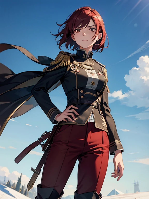 (Highest resolution, distinct_image) Excellent, masterpiece, high detail, semi-realistic, Dishonored 2, a very beautiful woman, solo, normal handsome stance, short red hair, golden eyes, indifferent expression, 18 years old, young, tall and strong , white and red military uniform, trousers, military pants, military boots, military uniform, military school, confident, serious, high-cold and proud, standing on a cliff, overlooking