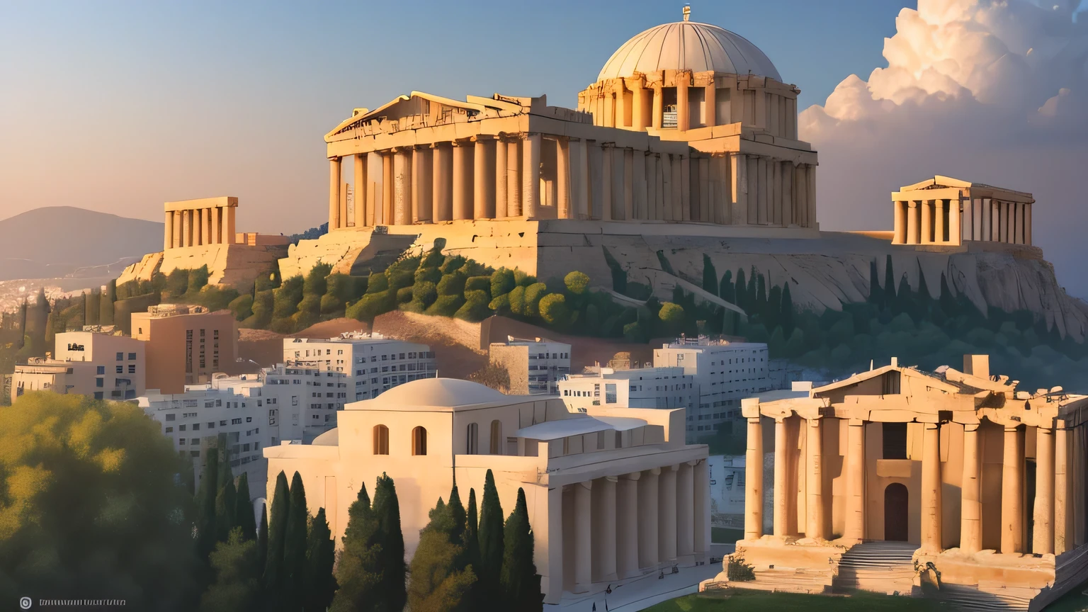 Please draw, overlooking, on the map of Greece, Here is the realistic poster showcasing various monuments in Athens, created in a 16:9 aspect ratio. The image captures the architectural beauty and historical significance of landmarks such as the Parthenon, the Temple of Olympian Zeus, the Ancient Agora, and the Theatre of Dionysus, all harmoniously blended in the composition, realistic, poster, 4K,