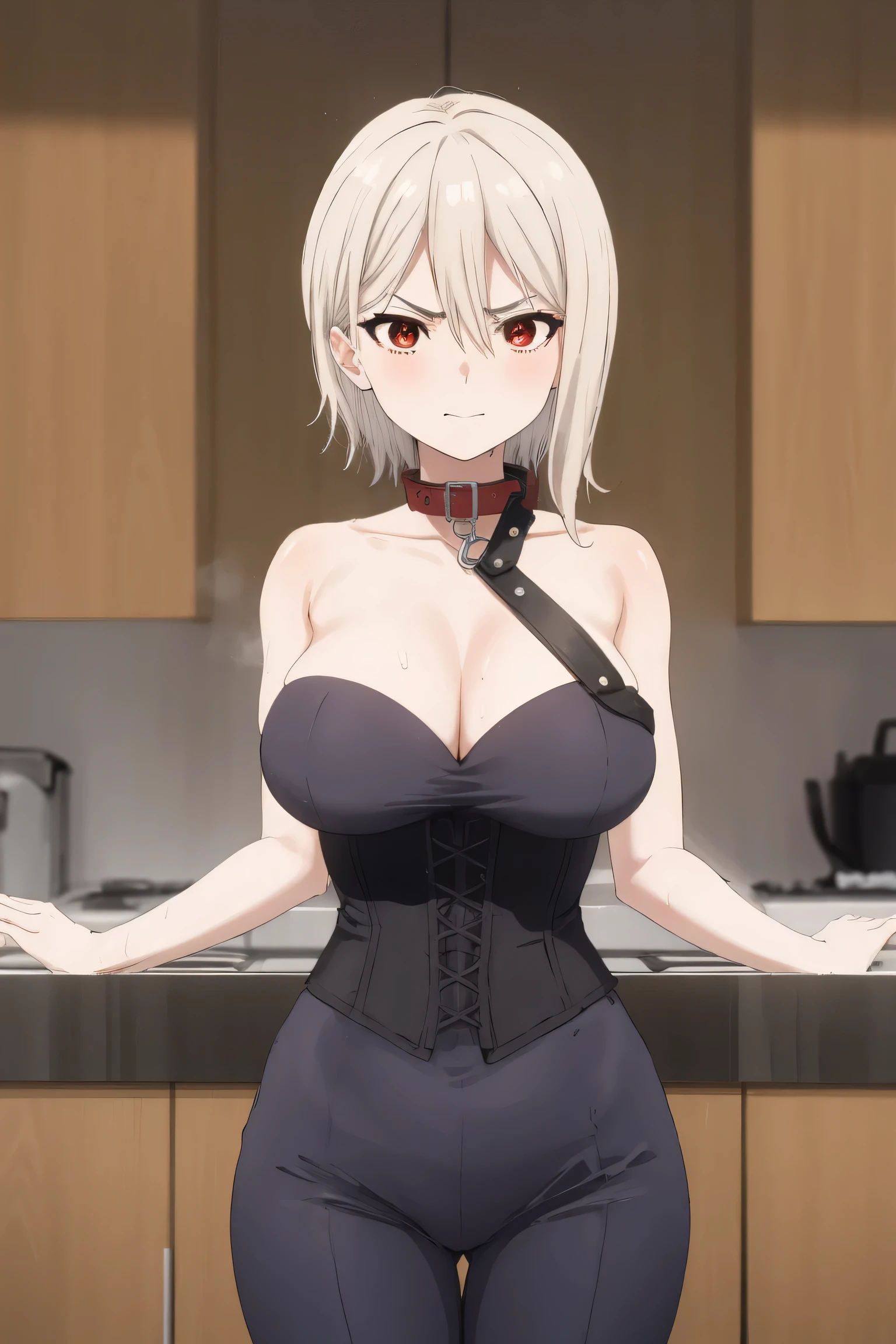 alicenakiri, alice nakiri, short hair, (red eyes:1.3), white hair, hair between eyes, smile,
BREAK Angry Face, BDSM,slave,Rubber,Black Corset,Bondage,Collar,NSFW,
BREAK indoors, kitchen,
BREAK looking at viewer, (cowboy shot:1.5),
BREAK ((Best Quality, 8k, Masterpiece:1.3))), Crisp Focus: 1.2、(Layer Cut, Big:1.2),Beautiful Woman with Perfect Figure: 1.4、Slender Abs:1.2、Wet Body:1.5、Highly Detailed Face and Skin Texture、Detailed Eyes、Double Eyelids, (perfect hands, perfect anatomy),