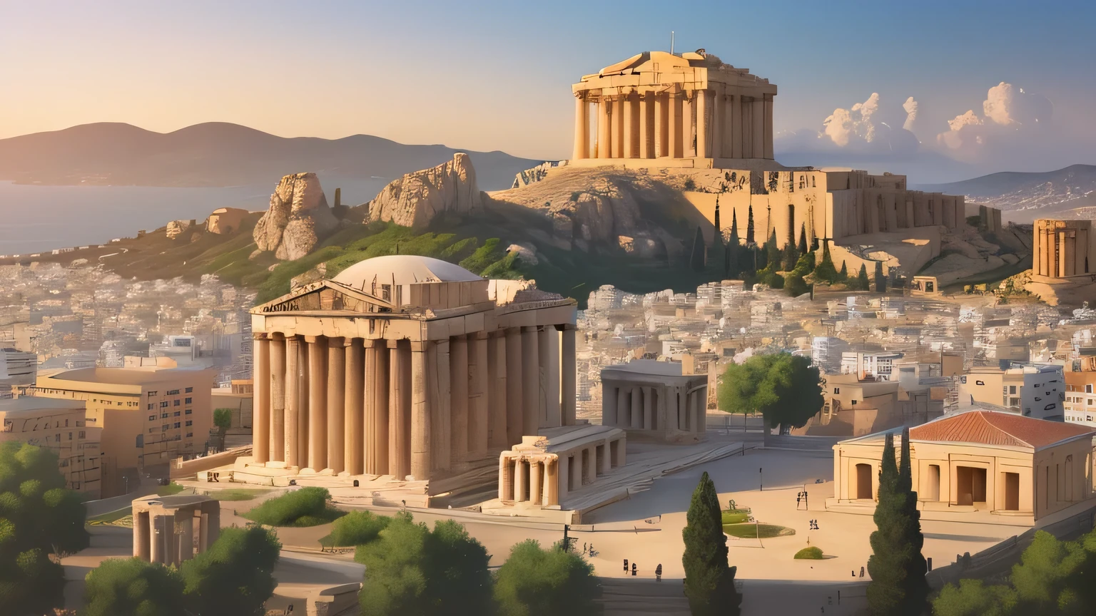 Please draw, overlooking, on the map of Greece, Here is the realistic poster showcasing various monuments in Athens, created in a 16:9 aspect ratio. The image captures the architectural beauty and historical significance of landmarks such as the Parthenon, the Temple of Olympian Zeus, the Ancient Agora, and the Theatre of Dionysus, all harmoniously blended in the composition, realistic, poster, 4K,