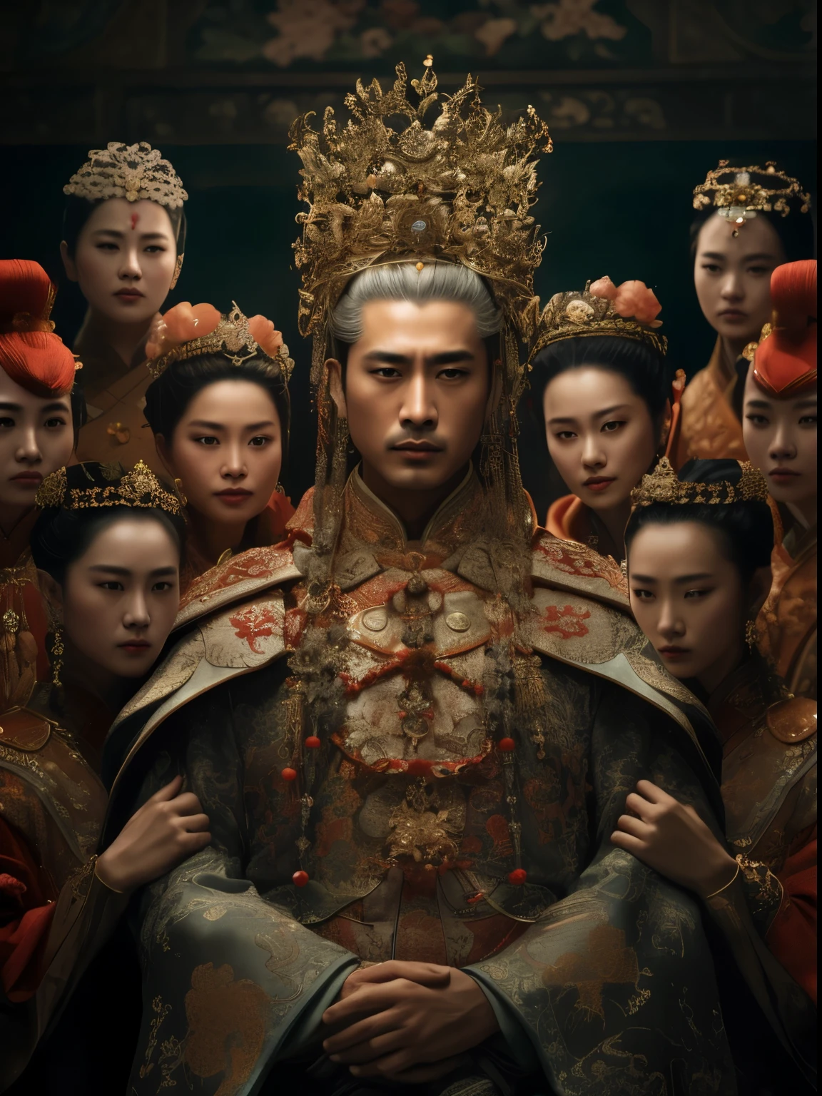Franco-German image of a man wearing a crown surrounded by a group of women, Portrait shoot, critical art, chinese Queen, Normal. author:Leng Jun, Inspired by Gu An, Queen, royal the emperor, drama, Inspired by Xie Huan, Chinese fantasy, the emperor, Inspired by Guo Xi, the the emperor, dressed as the emperor, man wearing crown