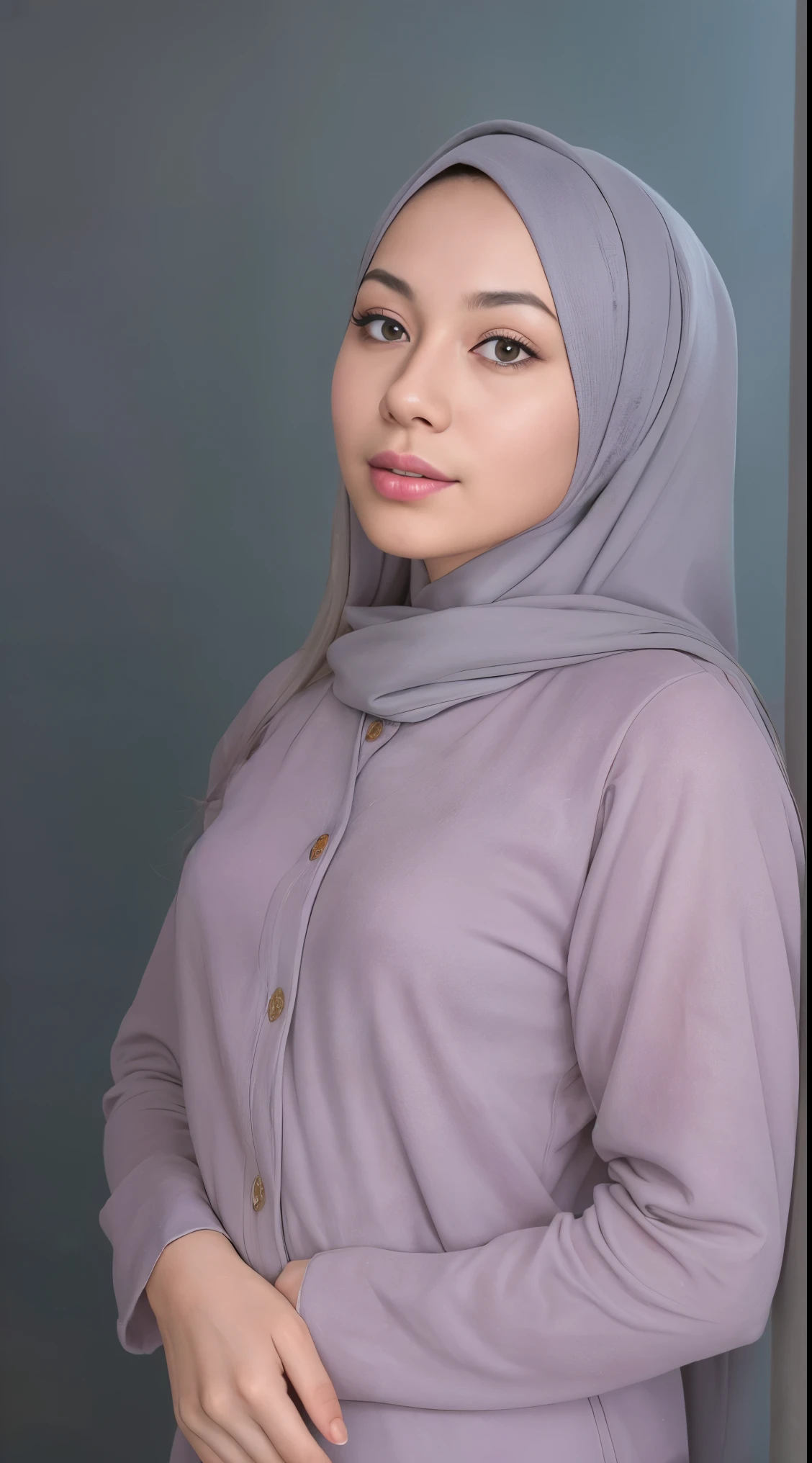 (very cute girl) , like mira filzah face, (raw photo:1.2), ((17 years old)), (photorealistic:1.4), russia mix korea hyper white skin, realistic skin texture, pale skin, very detailed eyes and face, beautiful detailed eyes, turkish nose, super detailed, high resolution, very detailed, masterpiece,unified, 48k wallpaper, amazing, Fine details, masterpiece, best quality, ((Tight F cup breasts size)), straight long hair, (extra long hair : 1.5), dark brown hair, elegant hair style, light on face, cinematic lighting, 1girl, perfect body, slim abs, skinny, ((1 malay girl , beautiful face)), hyper realistic bright lighting, realistic shadow, ((wearing a twisted pajamas, purple color pajamas)), ((perfectly composition)), dynamic poses, dynamic shot angle, (All grey background)