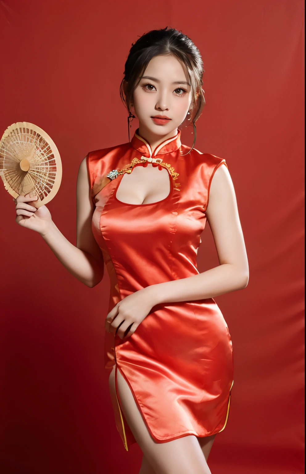 SEX BIG BOOB Photo beautiful young asian woman with clean fresh skin wearing traditional cheongsam qipao dress holding fan posing on red background portrait of female model in studio happy chinese new year