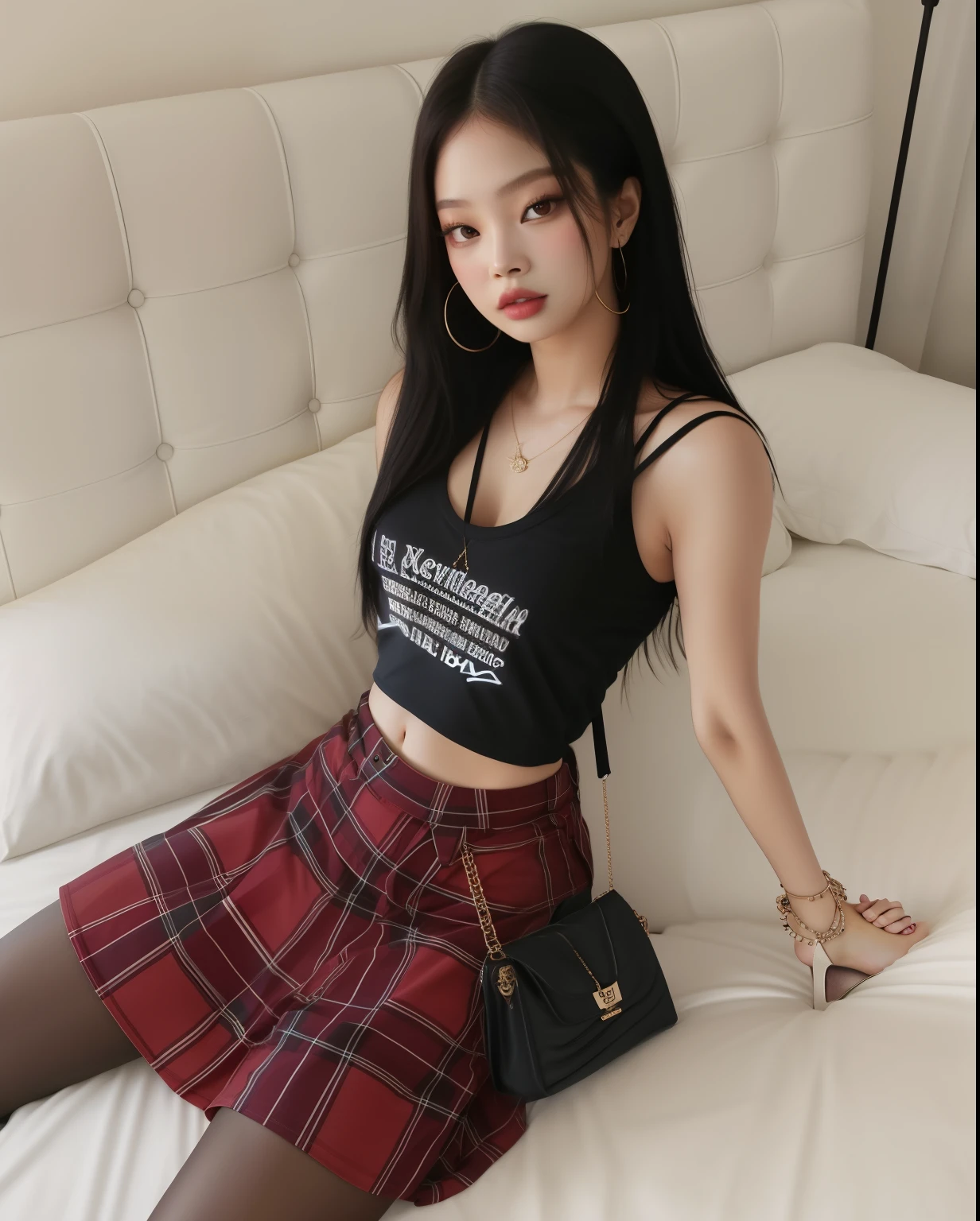 Jennie do blackpink de saia e blusa preta sentada em uma cama, she is wearing a black tank top, Minissaia xadrez detalhada, saia xadrez, vestindo uma regata preta cortada, look sexy, com camiseta rasgada,, she is wearing streetwear, Jennie Kim, modelo do instagram