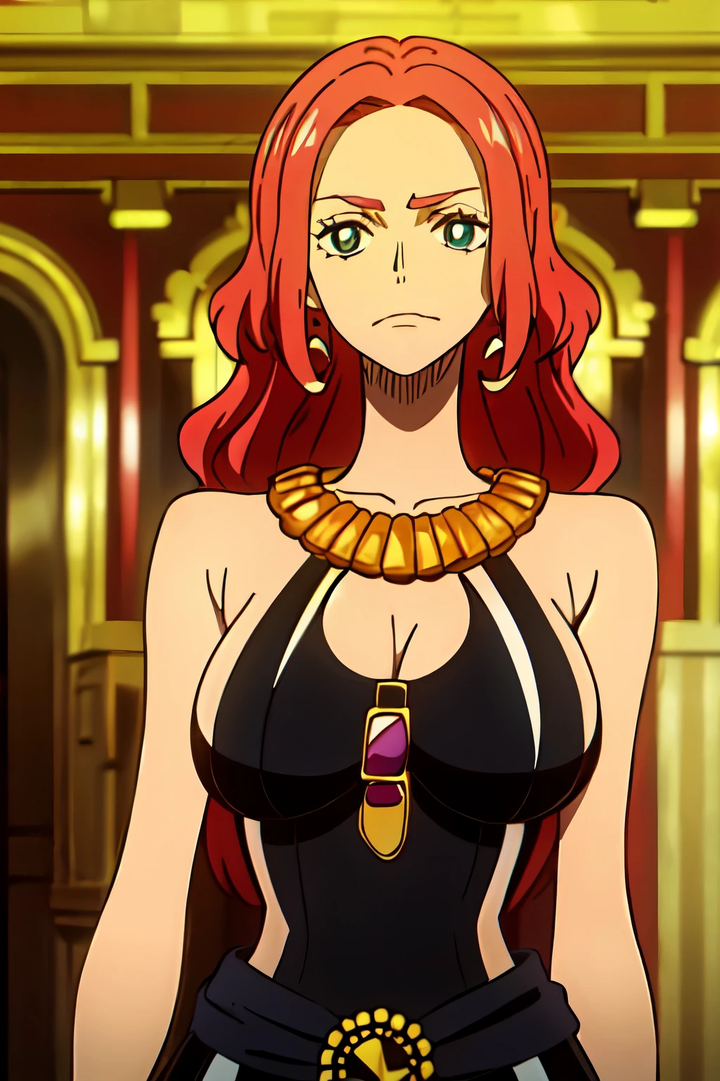 redhead, necklace, black dress, baccarat, 1 girl, alone, Face-to-face audience, looking at the viewer, despair,defeat,My face twitches,Pupils open