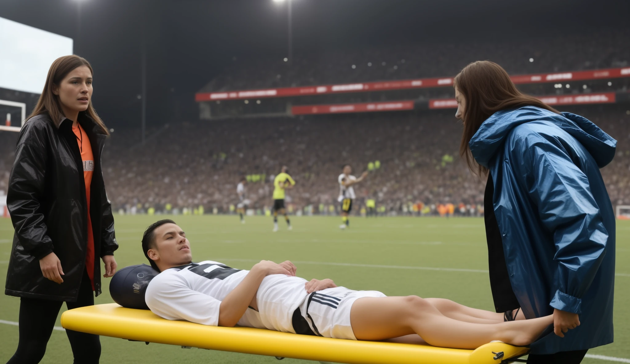 Soccer player is taken away on a stretcher, There is a man lying on his back on a stretcher with his hands grabbing his hurting leg, a man in a t-shirt and sports shorts has put his hands on his injured leg, the man has an agonised face looking to the sky, two horny looking longhaired and ponytailed women that are wearing very shiny coats, there are longhaired women with horny faces wearing laquered puffy coats, longhaired women are walking in wetlook puffy coats, several women walking around a football field with an injured athlete on a stretcher, the injured athlete on the stretcher is grabbing his injured leg with both hands, the women look very worried, behind the women there is a frightening atmosphere, there is heavy rainfall in the background, video still, behind the scenes, pity, china, erotic, horny, drama, very shiny orange vinyl fabric