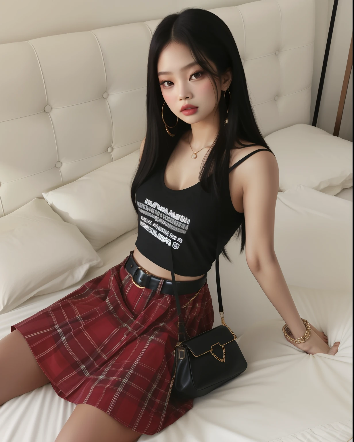 Jennie do blackpink de saia e blusa preta sentada em uma cama, she is wearing a black tank top, Minissaia xadrez detalhada, saia xadrez, vestindo uma regata preta cortada, look sexy, com camiseta rasgada,, she is wearing streetwear, Jennie Kim, modelo do instagram