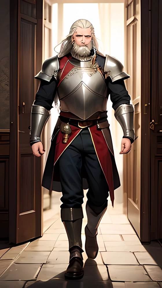 full body of big muscular old man, long white hair, wrinkled face, long beard. wear refined attire, noble warrior, war general, long pants, full iron plate armour, noble, duke, aristocrat, blue, white, iron plate armor, clear face, wise, aura, medieval, masterpiece, highest quality, official art, 4k, perfect anatomy