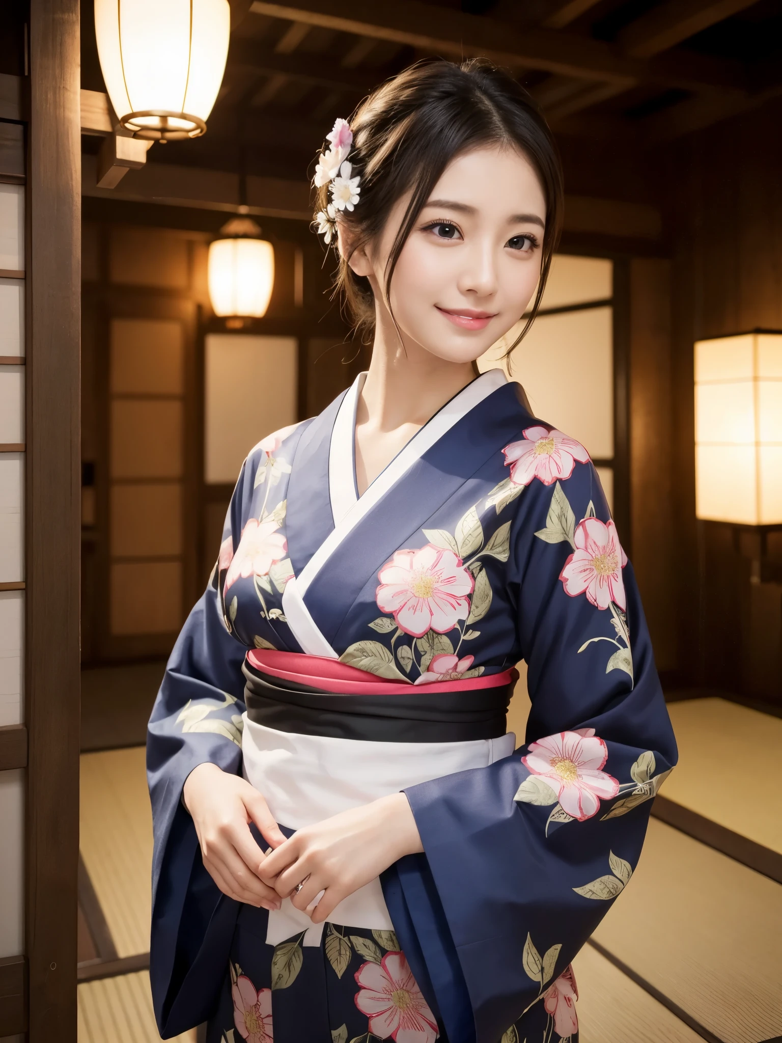 Beautiful woman in neat Japanese clothes、((best qualtiy、8k masterpieces:1.3))、foco nítido:1.2、(ultra beautiful faces:1.0)、(shinny skin:1.0)、photos realistic、A dark-haired、Video Lighting、High-definition eyes and face、Video Lighting、Japan Idol Actress、from the front side、medium breasts、Smile、Slender Abs Beauty、Whole body、In furisode