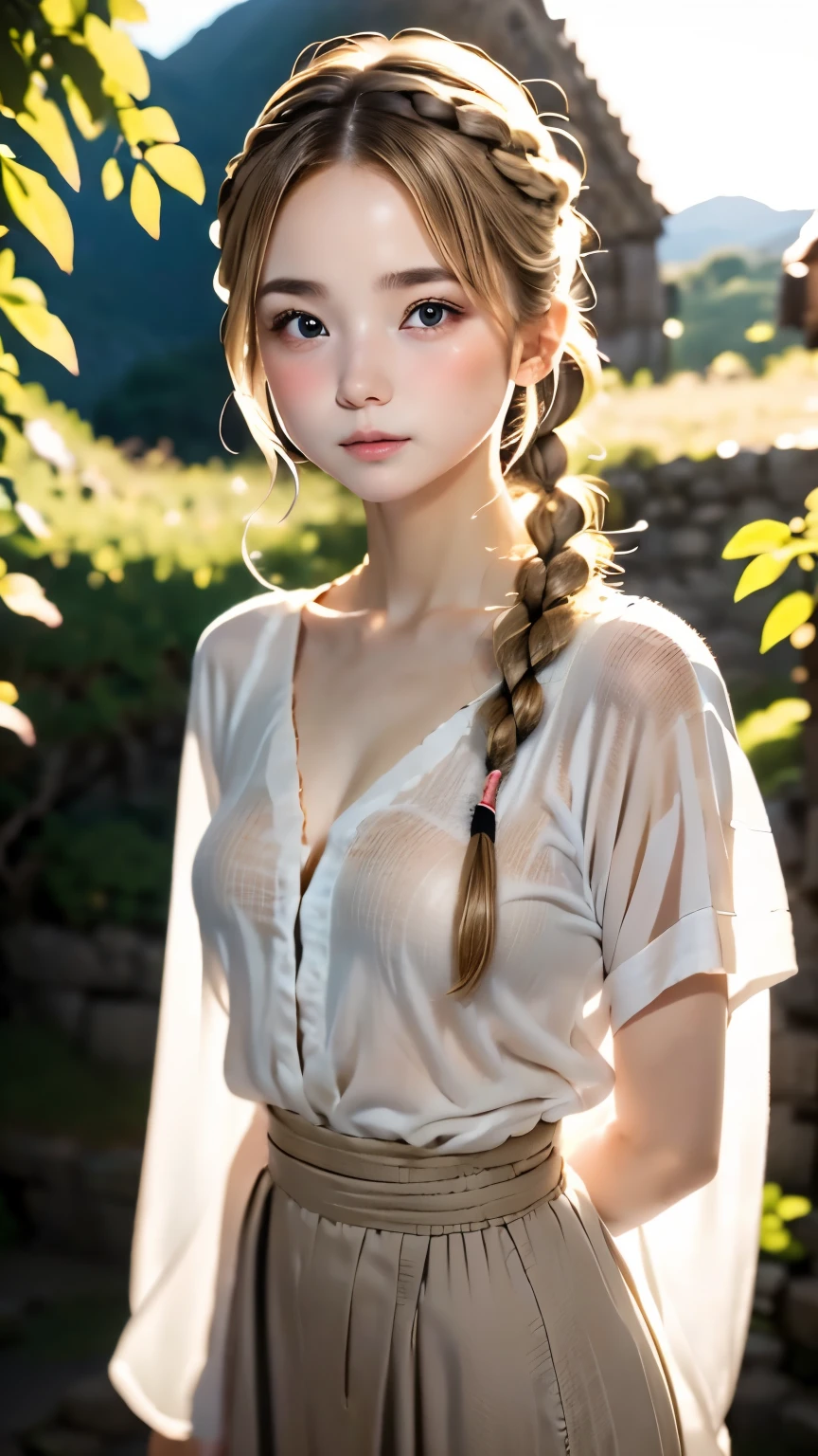 one woman、cute face、Rin々new expression、Japanese、Japanese、、gray eyes、beige hair、french braid、１６talent、white shirt、デニムのlong skirt、long skirt、Machu Picchu、sunset、highest quality、ultra high resolution、master piece:1.3，８ｋ、Precise finish、unreasonable、