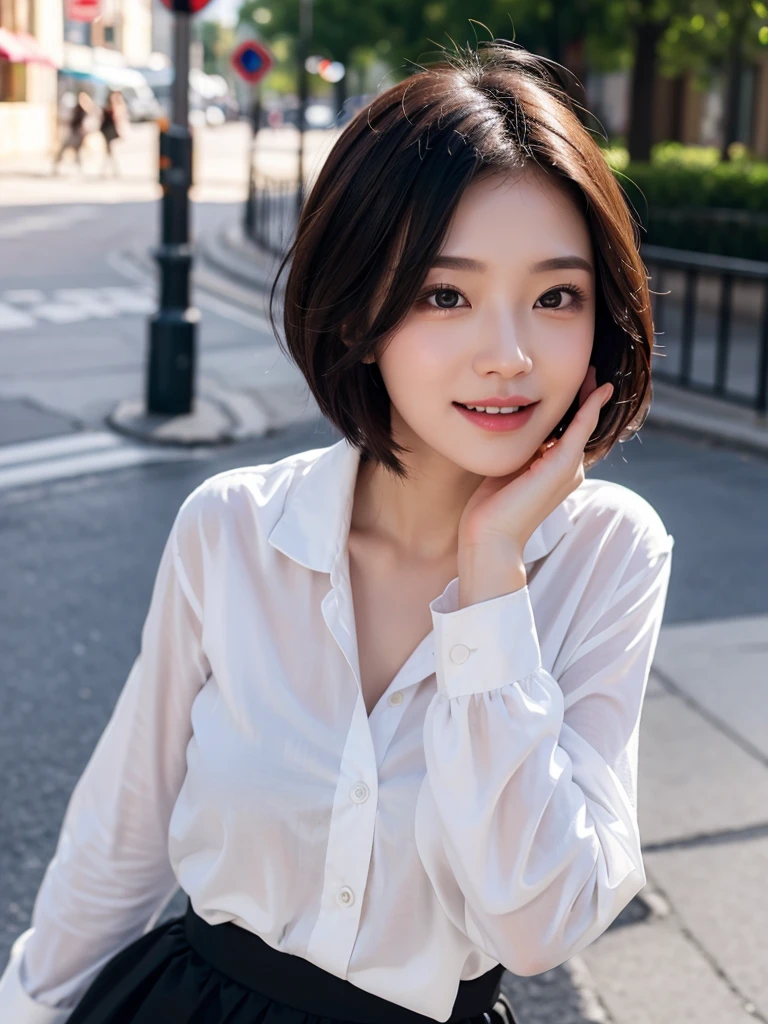 ((Best quality, 8k, Masterpiece :1.3)), 1girl,Street,Pretty woman with slender, Super Short Hair,Big Laugh,Long Sleeve,Long Skirt,Ultra-detailed face, cute eyes, Double eyelid,Seductively Posing