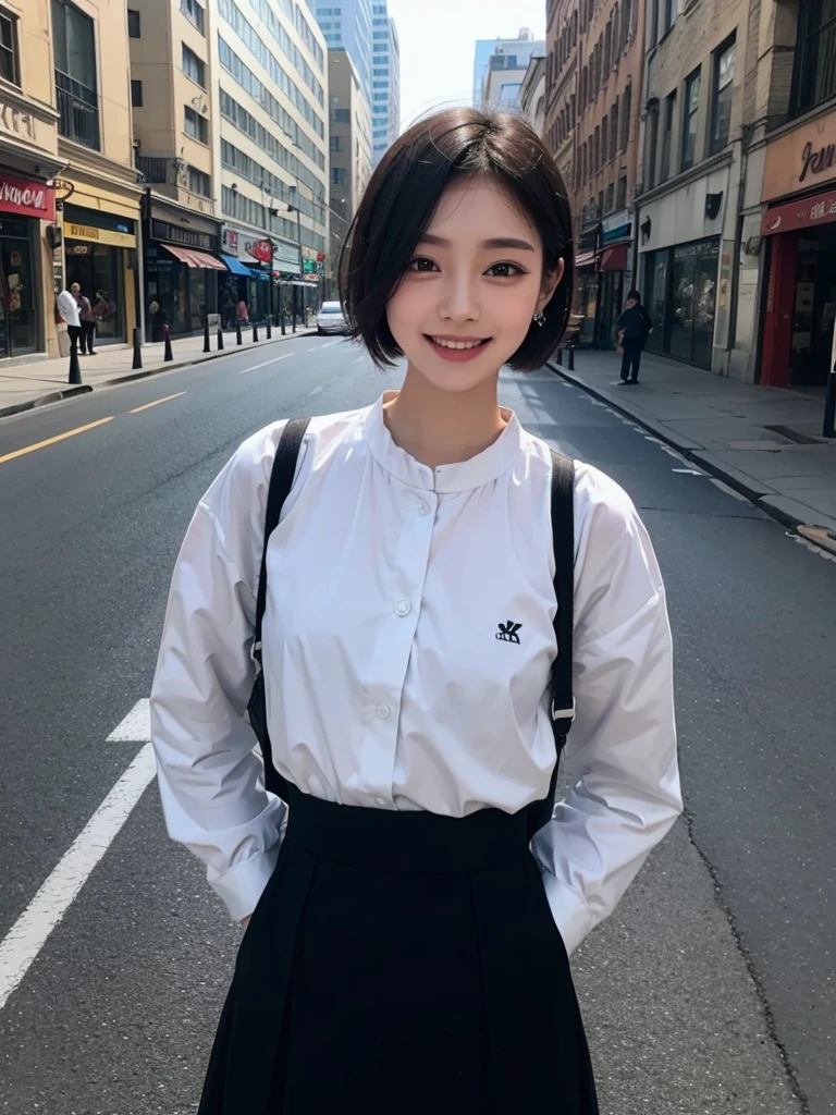 ((Best quality, 8k, Masterpiece :1.3)), 1girl,Street,Pretty woman with slender, Super Short Hair,Big Laugh,Long Sleeve,Long Skirt,Ultra-detailed face, cute eyes, Double eyelid,Seductively Posing
