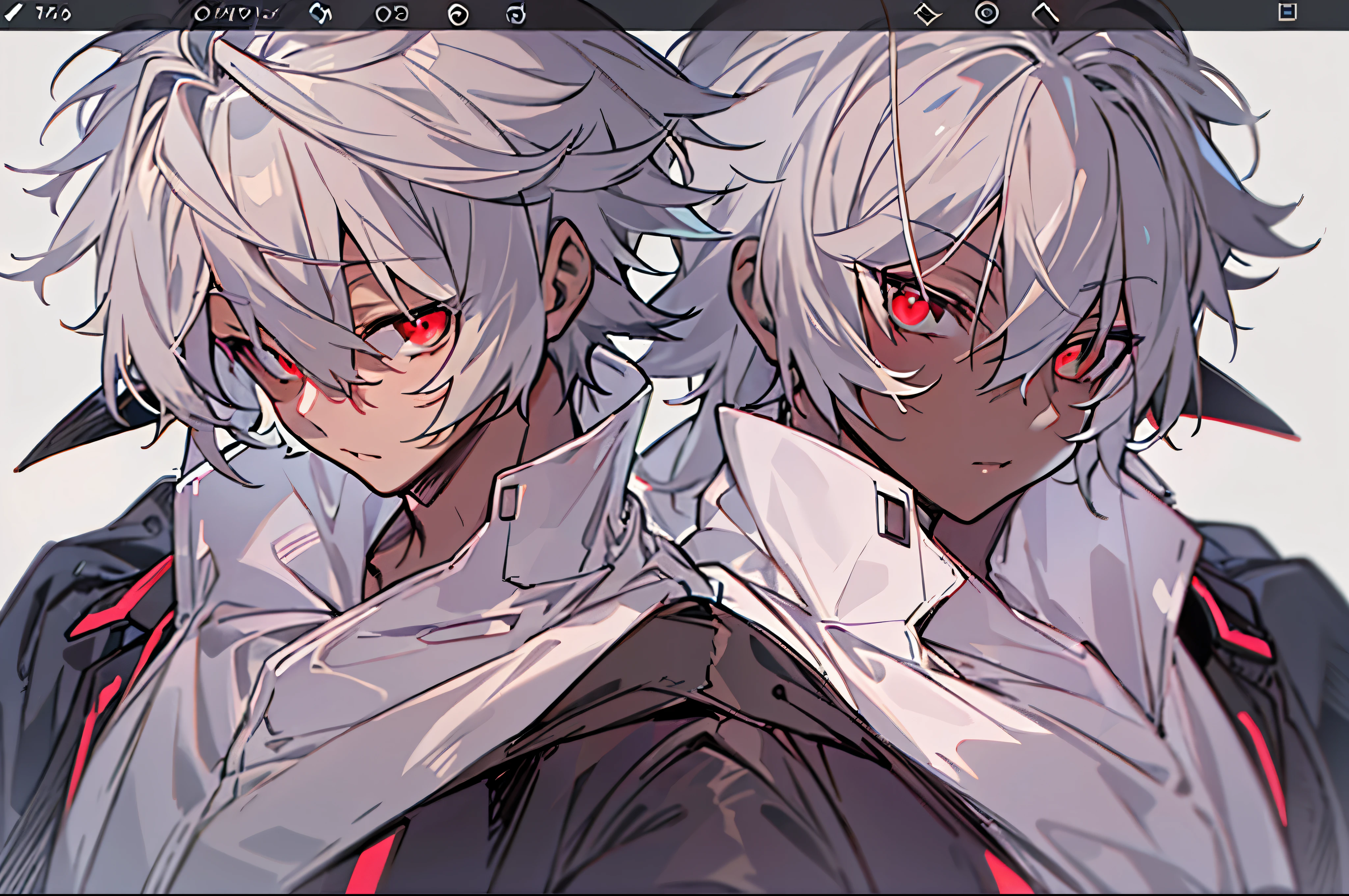 hight resolution,Anime boy with white hair and red eyes staring at camera, red eyes,slim, dressed in a black outfit,Shadow Body,Brown skin,monochromes,hair messy,Diagonal angle