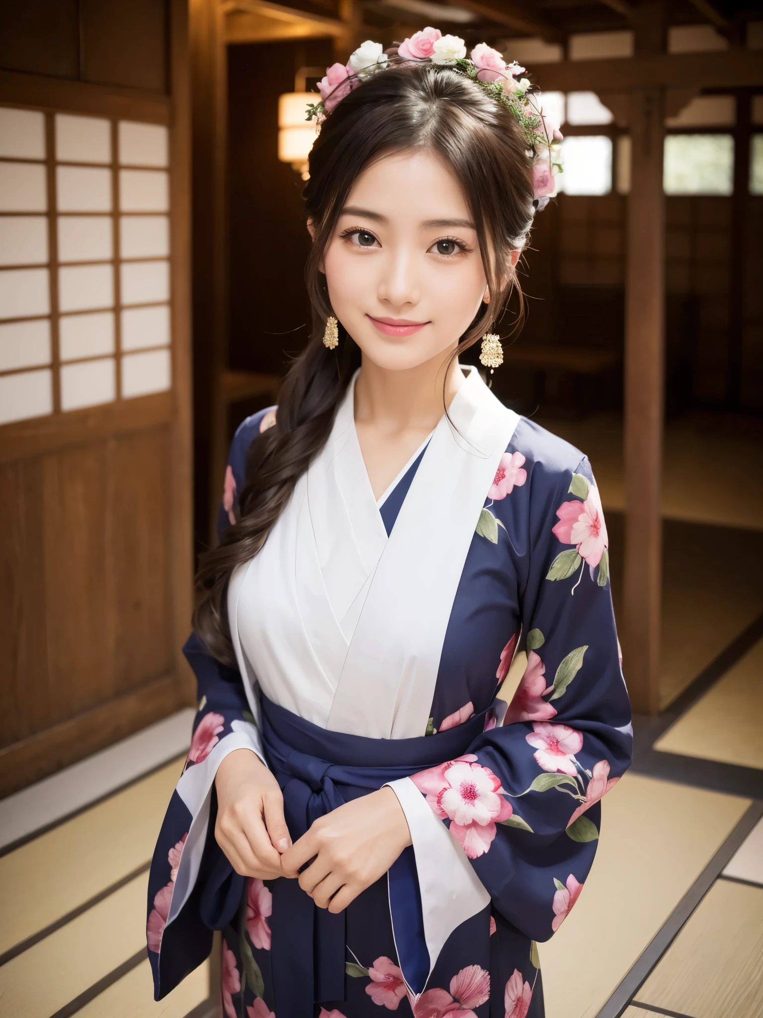 Beautiful woman in neat Japanese clothes、((best qualtiy、8k masterpieces:1.3))、foco nítido:1.2、(ultra beautiful faces:1.0)、(shinny skin:1.0)、photos realistic、A dark-haired、Video Lighting、High-definition eyes and face、Video Lighting、Japan Idol Actress、from the front side、medium breasts、Smile、Slender Abs Beauty、Whole body、In furisode