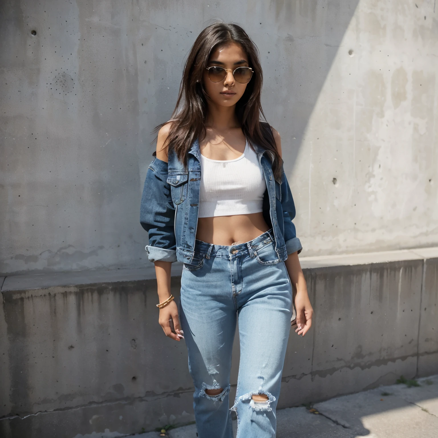 Create an image of a 20-year-old Indian girl standing confidently near a concrete wall in a street. She's dressed in a stylish ensemble, featuring a denim jacket over a black tank top and denim pants. Completing the look with fashionable sunglasses and chic white shoes. Capture her in a poised yet relaxed pose, and pay attention to details like the folds of the denim and the reflections on her sunglasses. Use natural street lighting to enhance the urban atmosphere, with the concrete wall providing an edgy backdrop.
