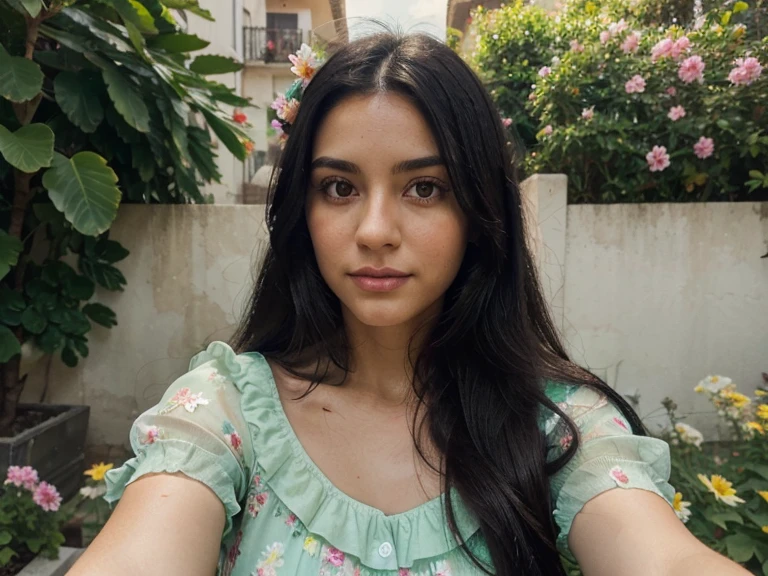 Perfectly looking, very photogenic, looking 33 years old, with striking Spanish Latin features with long black hair, big bright green eyes, taking a selfie in a light flowery dress ((ultra realistic))