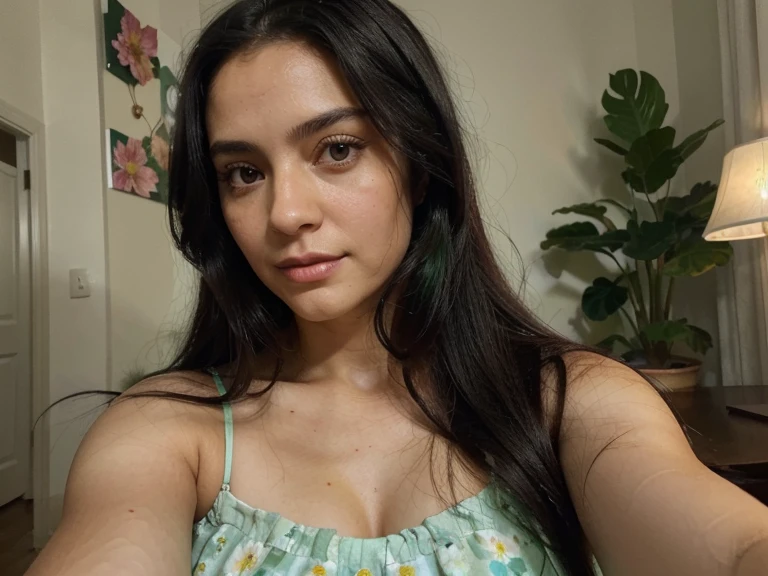 Perfectly looking, very photogenic, looking 33 years old, with striking Spanish Latin features with long black hair, big bright green eyes, taking a selfie in a light flowery dress ((ultra realistic))
