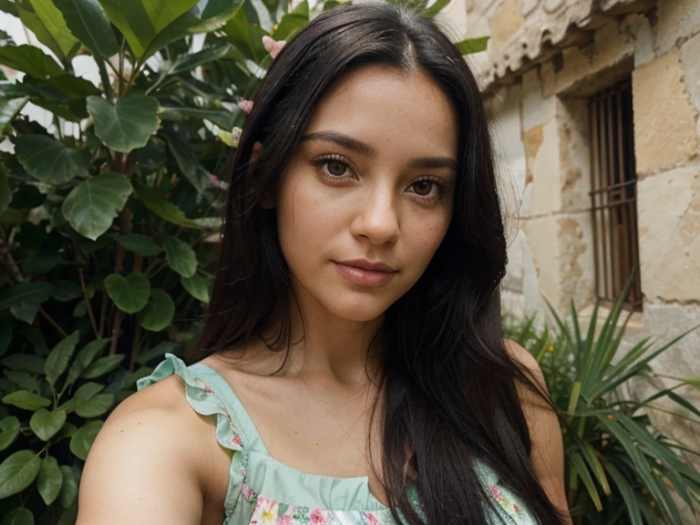 Perfectly looking, very photogenic, looking 33 years old, with striking Spanish Latin features with long black hair, big bright green eyes, taking a selfie in a light flowery dress ((ultra realistic))