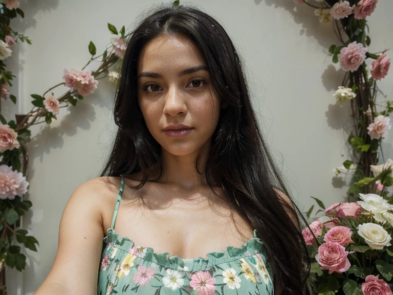 Perfectly looking, very photogenic, looking 33 years old, with striking Spanish Latin features with long black hair, big bright green eyes, taking a selfie in a light flowery dress ((ultra realistic))