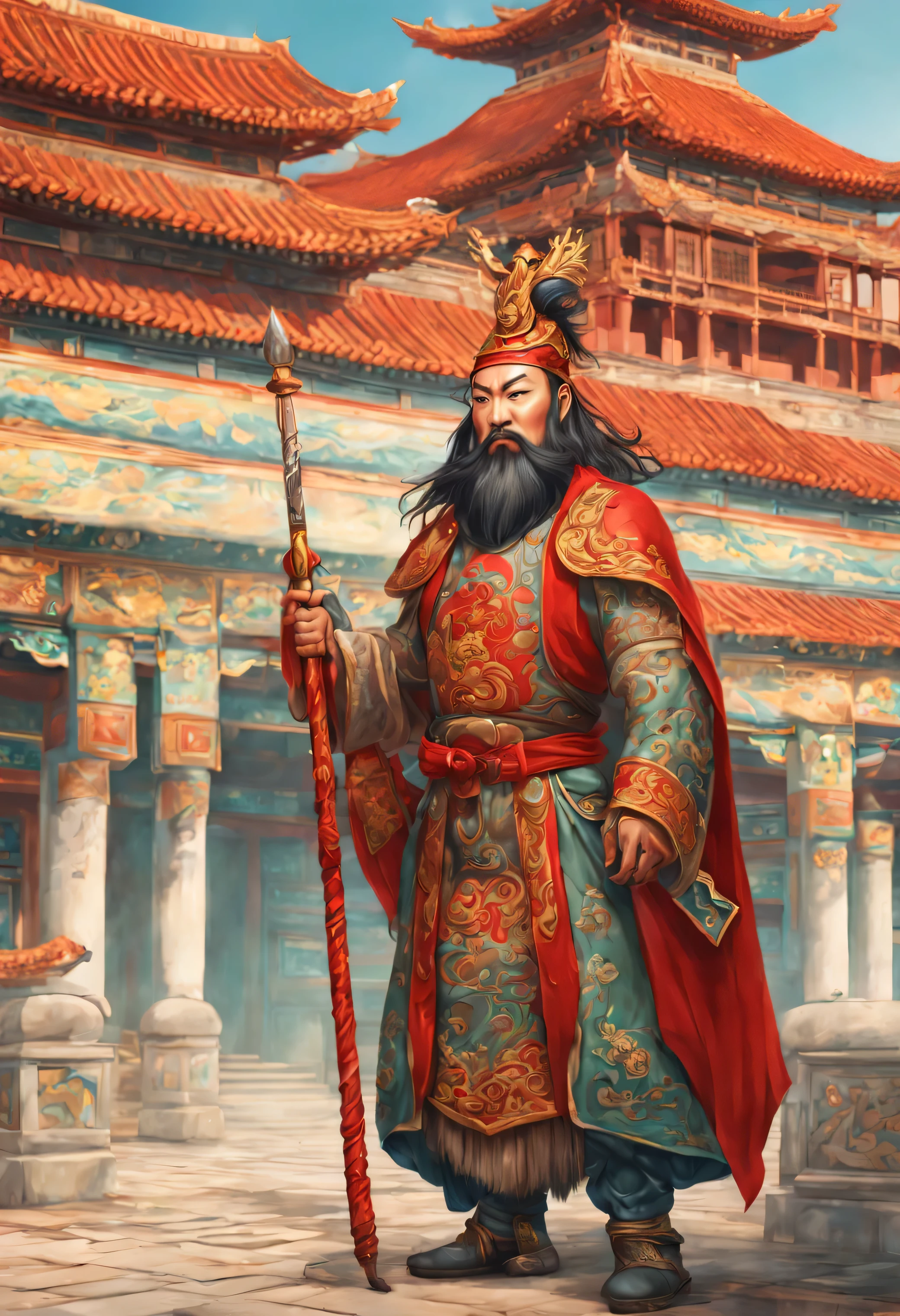 /img,surrealism scence,Chinese fairy tale characters of the 3 Kingdoms ,full body of Guan Yu,, red face,  beautiful beard,  halberd on his body.Standing in front of an ancient Chinese palace,,--tile+,4K