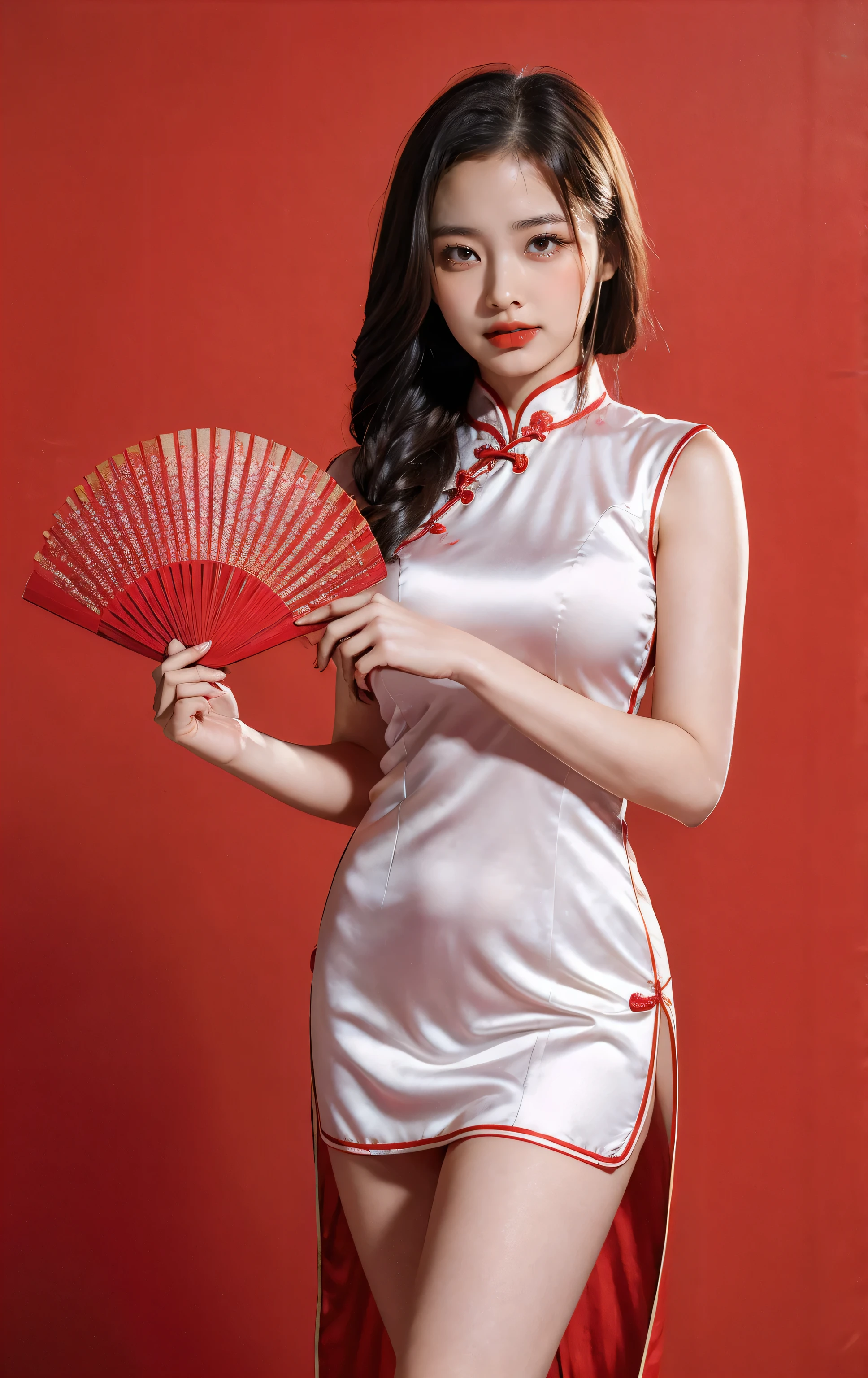 SEX BIG BOOB Photo beautiful young asian woman with clean fresh skin wearing traditional cheongsam qipao dress holding fan posing on red background portrait of female model in studio happy chinese new year