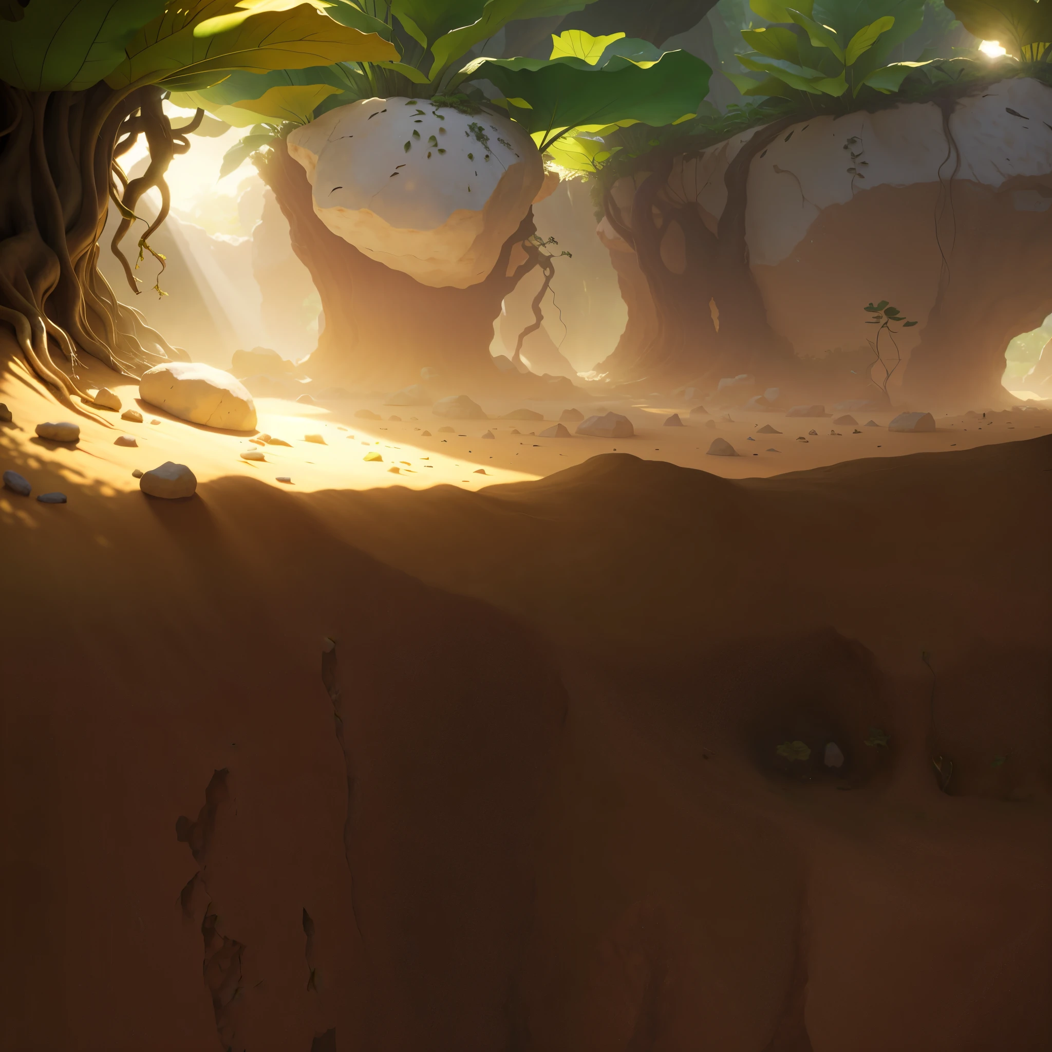 Realistic,Microcosm,big rocks,big leafs,root system,Yeah sunshine,Brilliant light and shadow,earthy,earthy地面。