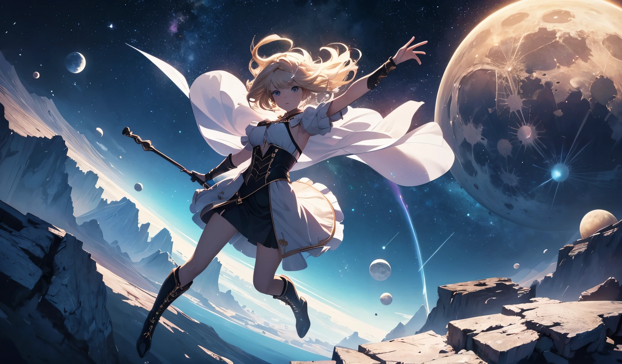 Absurd resolution, high resolution, (masterpiece: 1.4), super detailed, girl alone, from above, earth, moon, space, floating, blonde, , short hair, spell, long boots