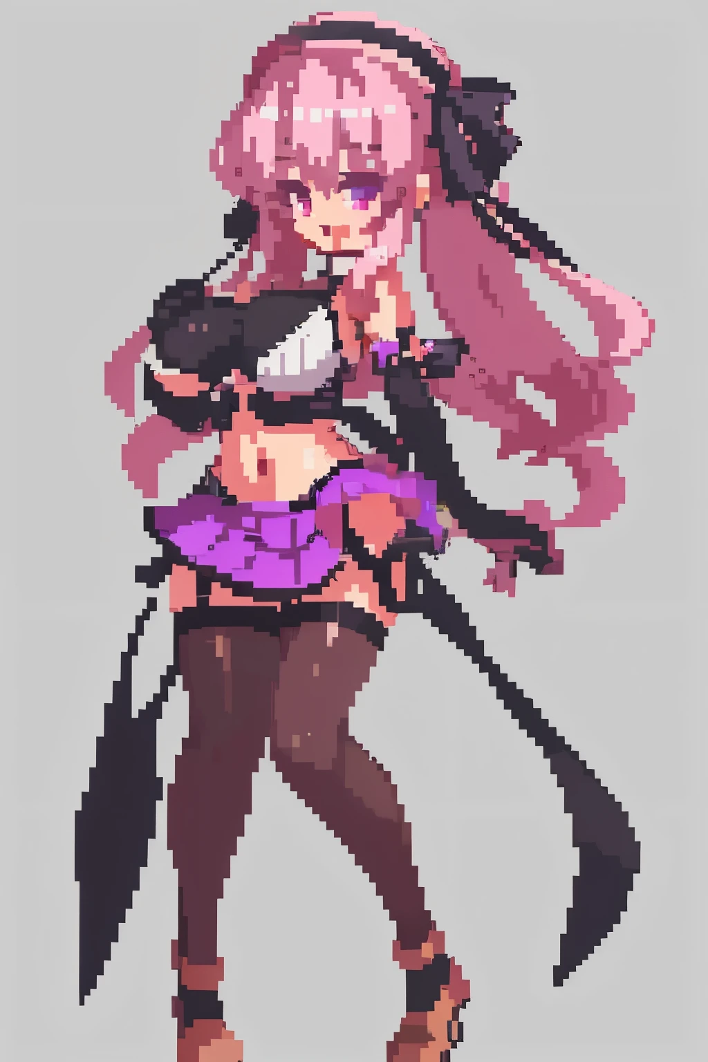 1girl, iron_cross, breasts, one_eye_closed, gloves, brown_hair, solo, pantyhose, skirt, open_mouth, hat, cross, white_gloves, navel, long_hair, black_pantyhose, medium_breasts, sideboob, ;d, smile, looking_at_viewer, ribbon, midriff, purple_eyes, v, hairband, hair_ribbon, star_(symbol), beret, bare_shoulders, blush, bangs, panties, pink_hairband, underwear, cowboy_shot, pink_ribbon, hair_between_eyes, pleated_skirt, miniskirt, buttons, black_headwear, clothing_cutout, rigging, two_side_up 
