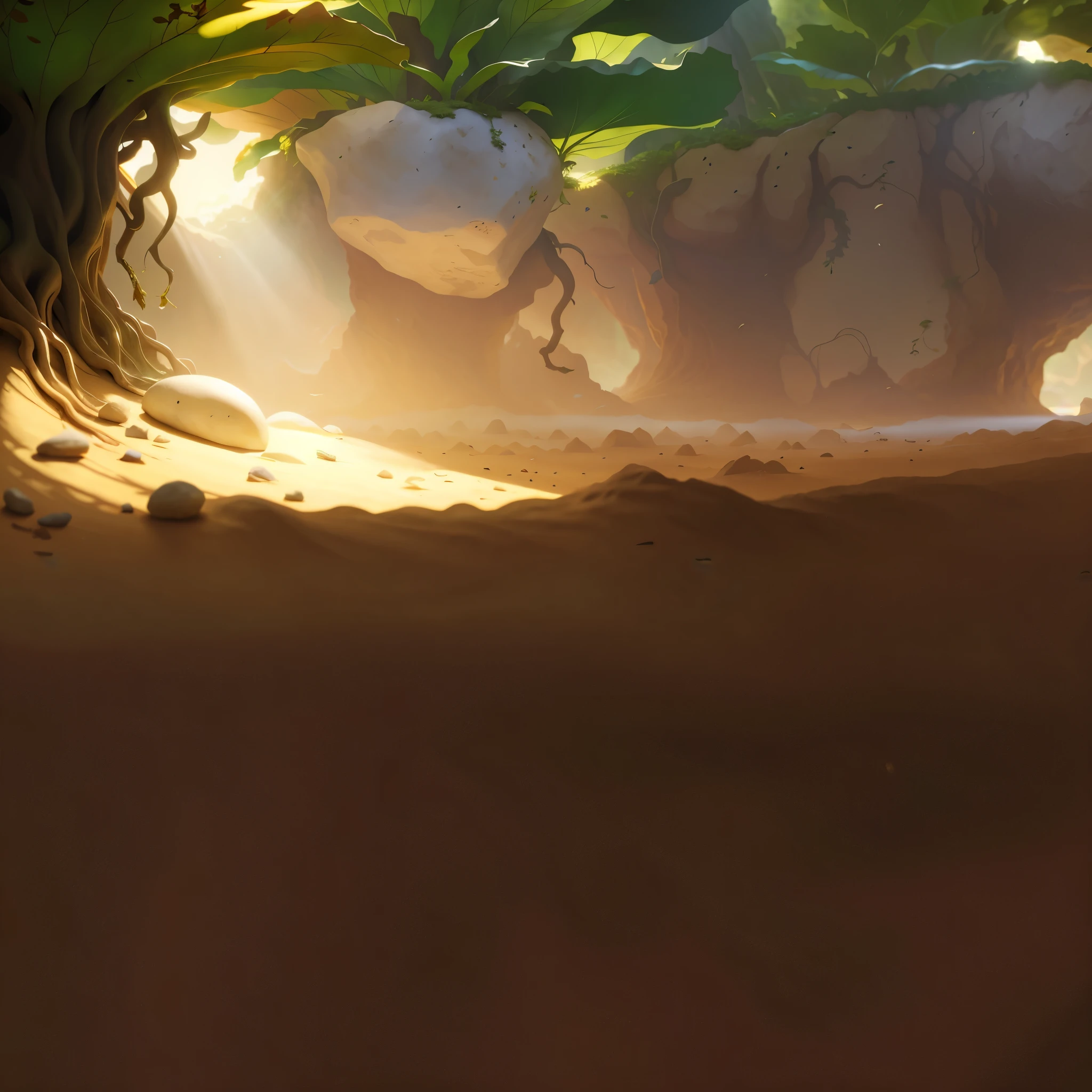 Realistic,Microcosm,big rocks,big leafs,root system,Yeah sunshine,Brilliant light and shadow,earthy,earthy地面。